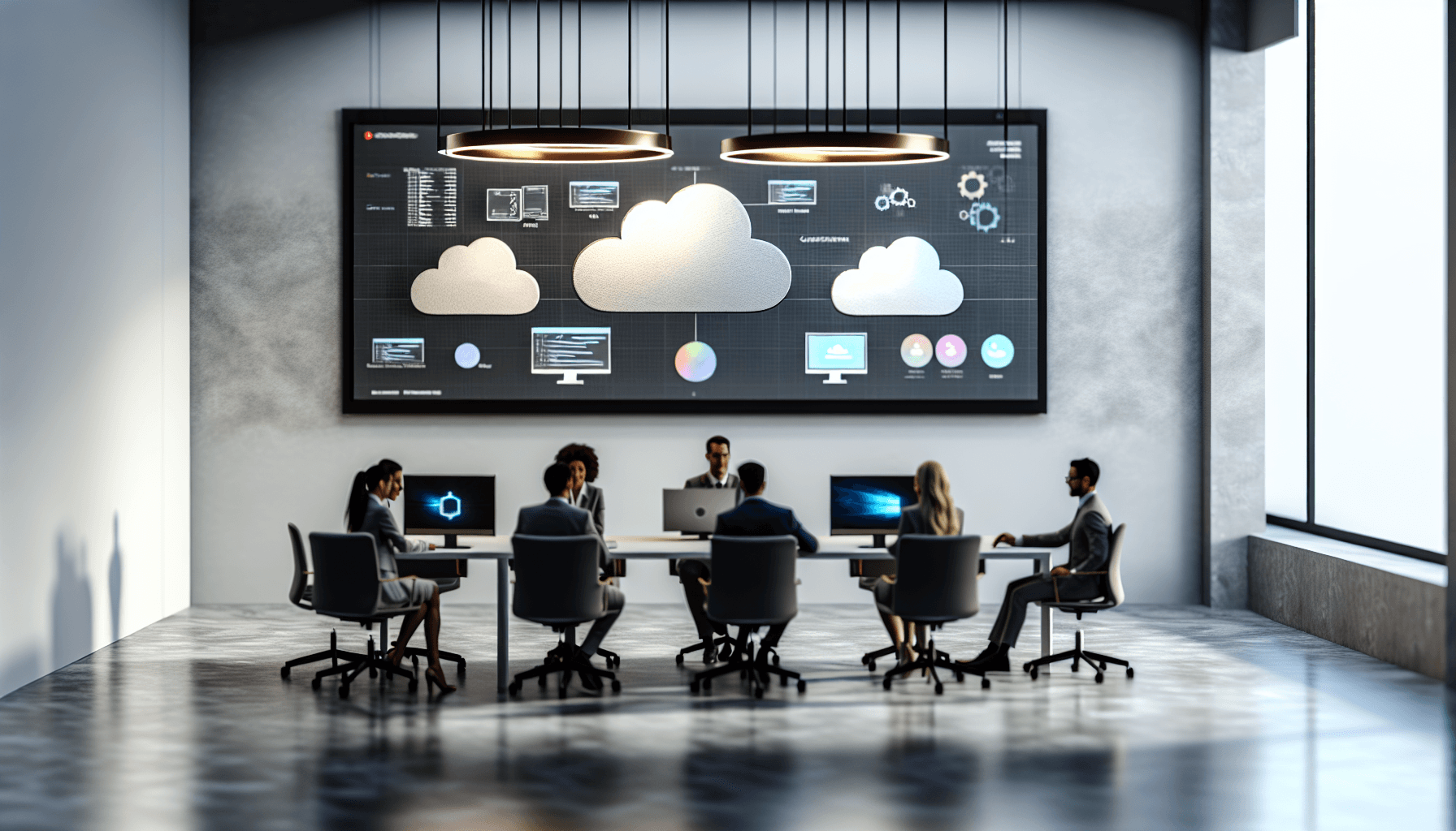 A diverse team of IT professionals collaborating in a modern office setting with cloud computing imagery.