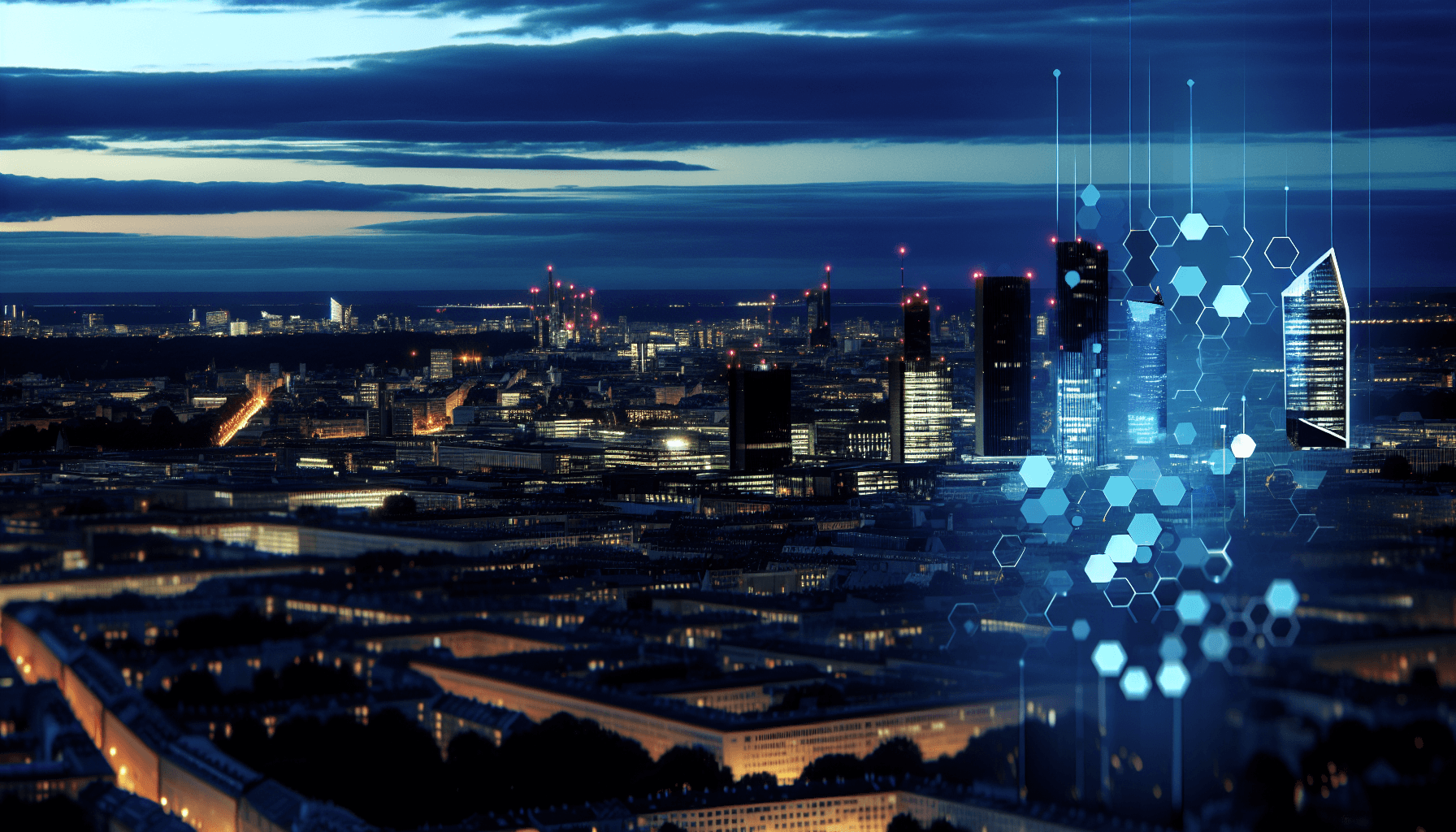 European cityscape at dusk with illuminated skyscrapers, symbolizing technological advancement and digital transformation.