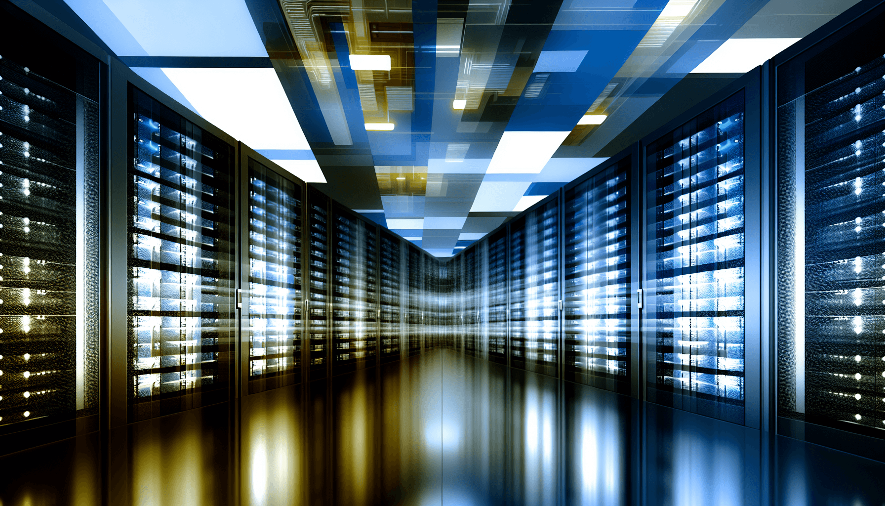 Futuristic data center interior with illuminated server racks, representing advanced and secure cloud infrastructure.