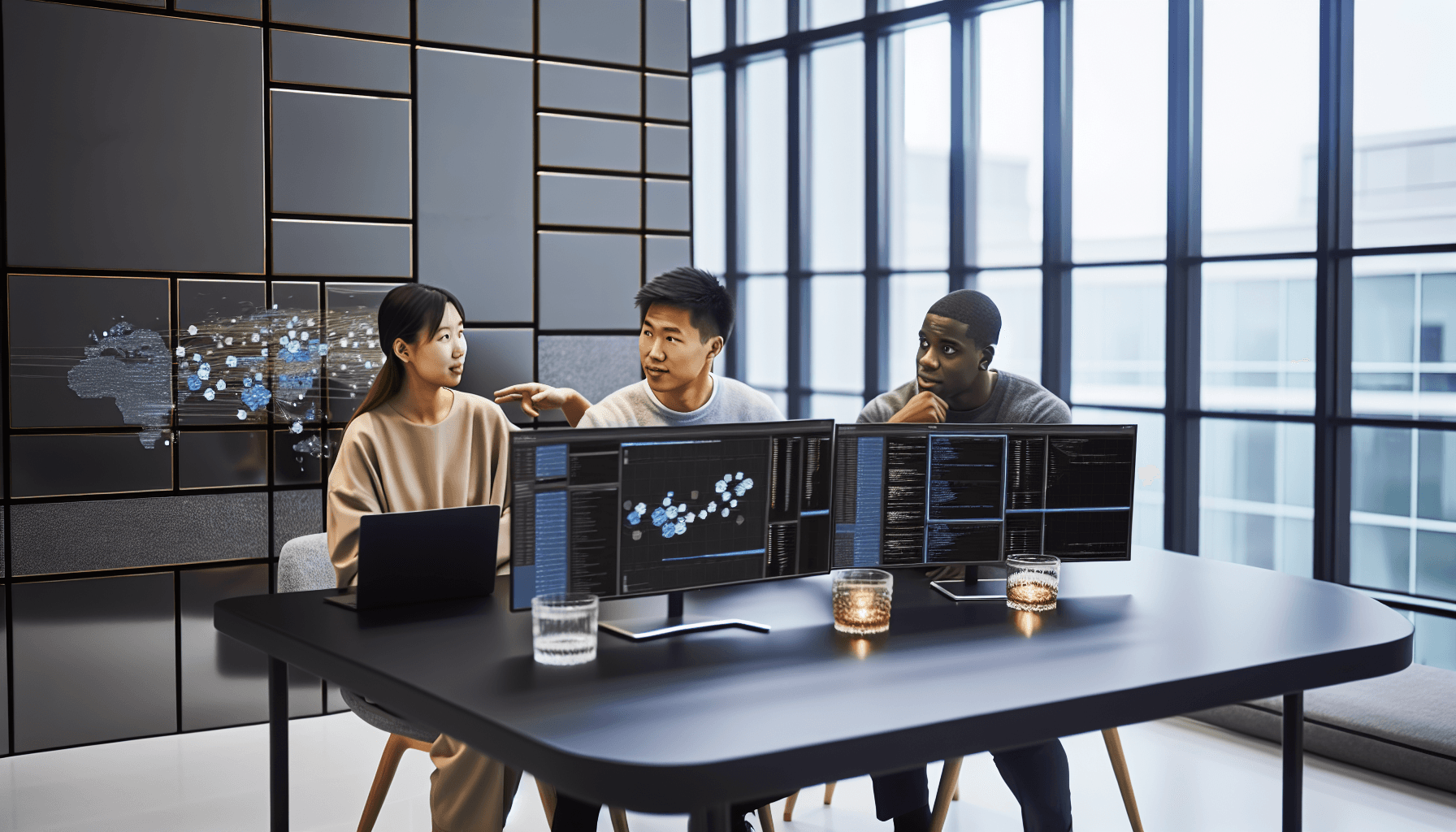 Team of DevOps engineers in a modern office collaborating on deployment pipelines displayed on multiple screens.