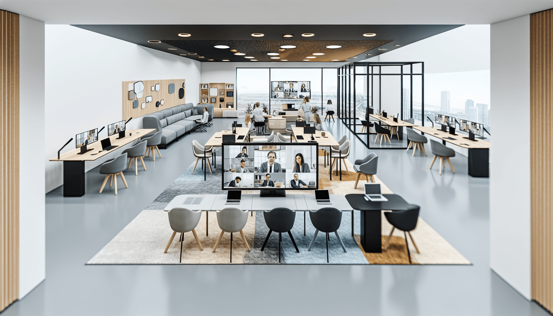 A diverse group of professionals working in a modern office with integrated technology for remote collaboration.