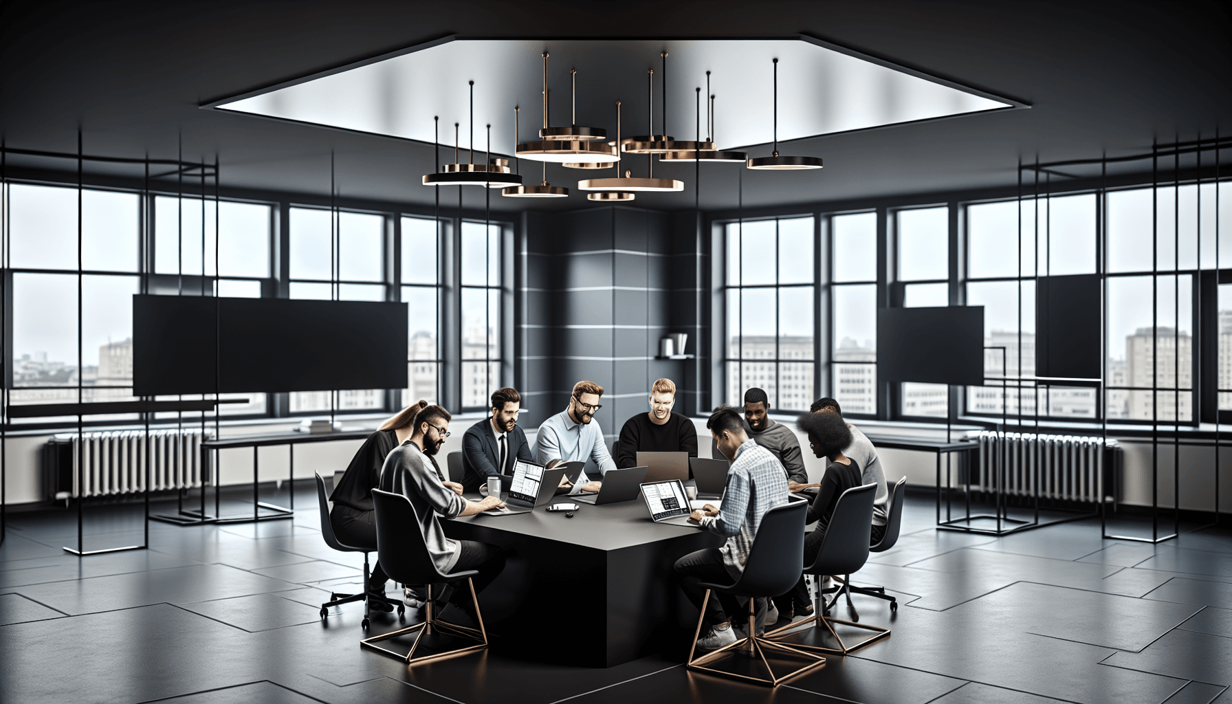 A diverse group of tech professionals collaborating in a modern office setting, focusing on web application development.