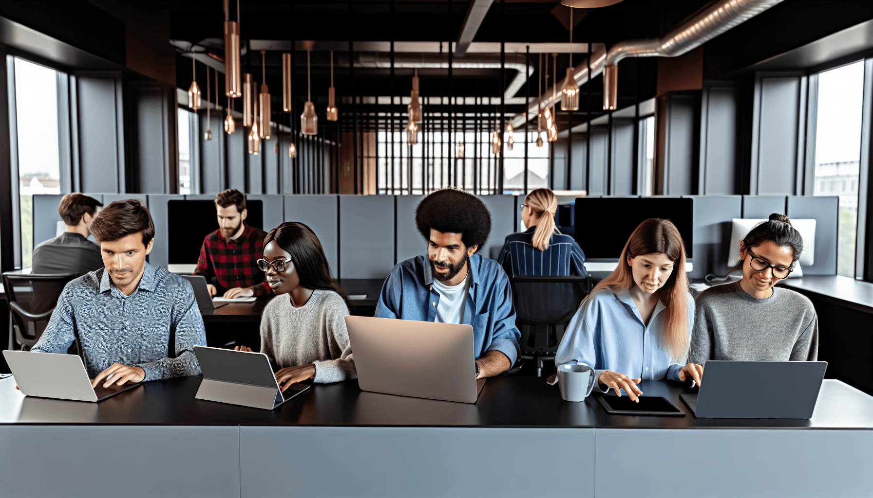 A diverse team of developers working on laptops and tablets in a modern, minimalistic office.