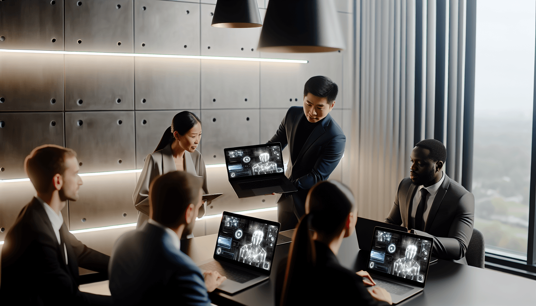 A diverse team of professionals collaborating in a modern office with digital interfaces and laptops, highlighting technology integration.