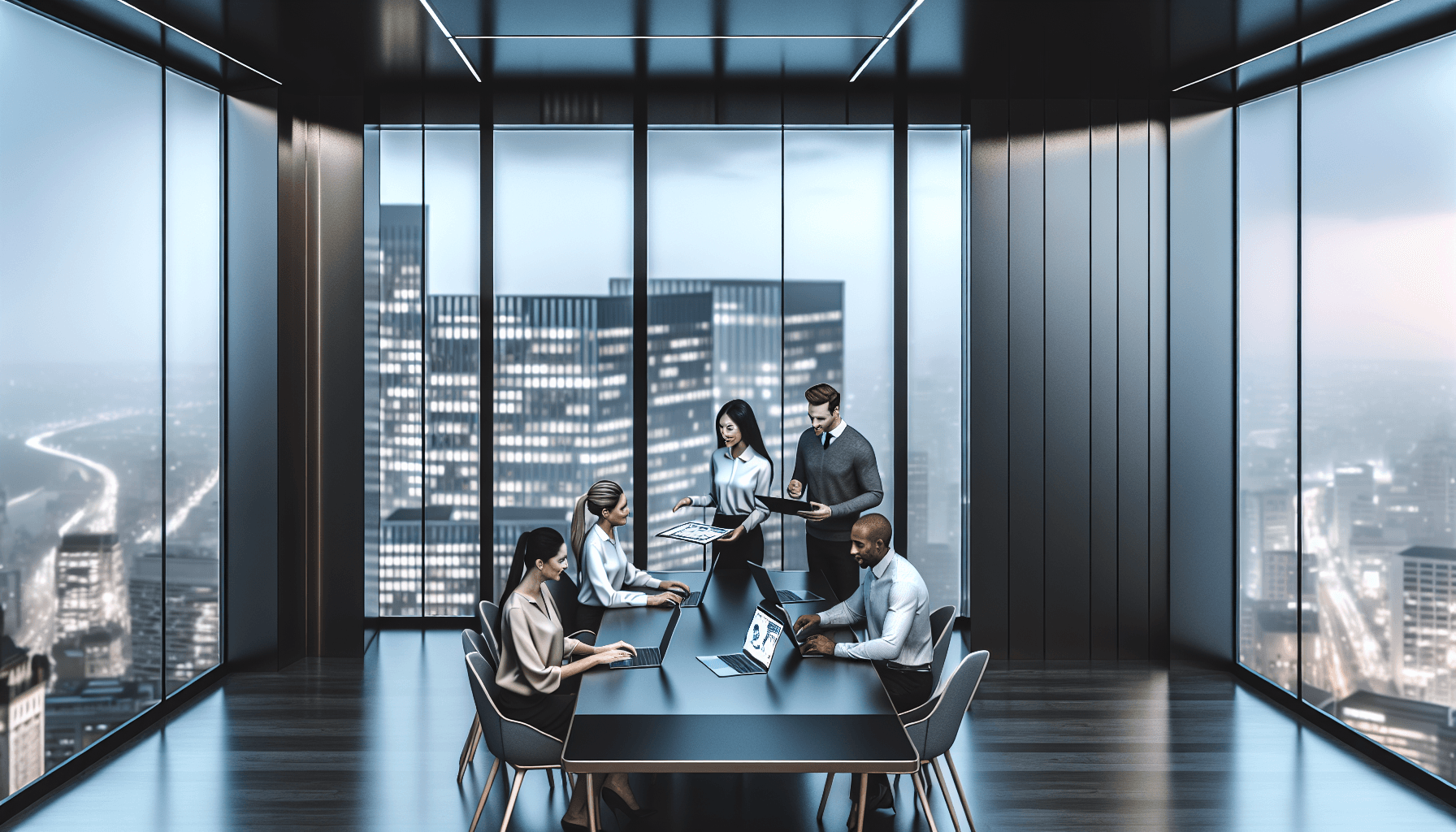 A diverse team of professionals working collaboratively in a modern office with city views.
