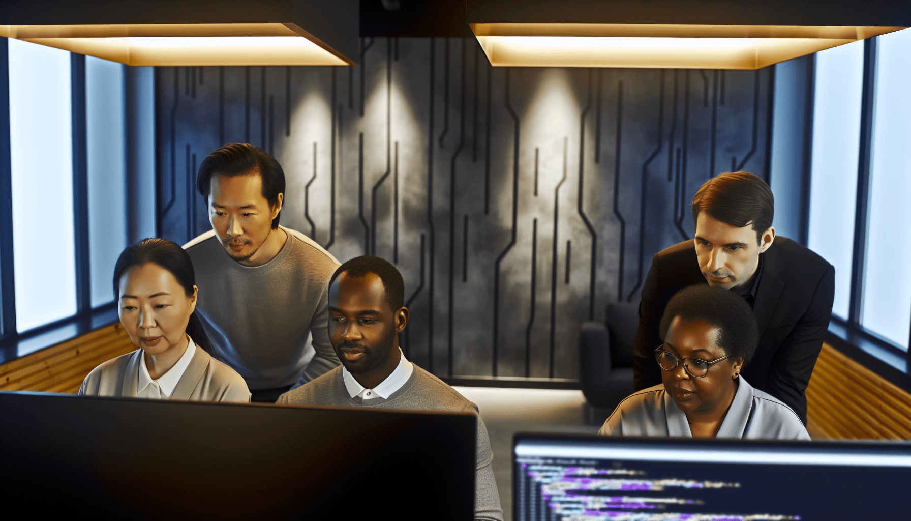 A diverse team of software developers collaborating in a modern, minimalist office with a focus on screens displaying abstract code patterns.