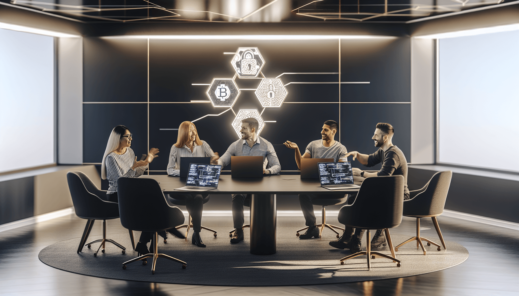 A diverse team of tech professionals collaborating in a modern office, discussing blockchain security with laptops displaying abstract digital code.