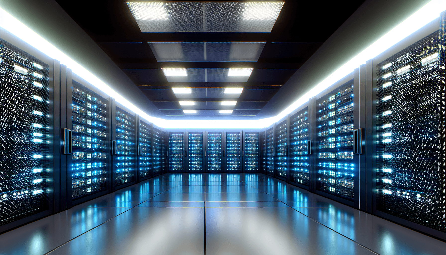 A futuristic data center interior with rows of servers and ambient lighting, showcasing vast data processing capacity.