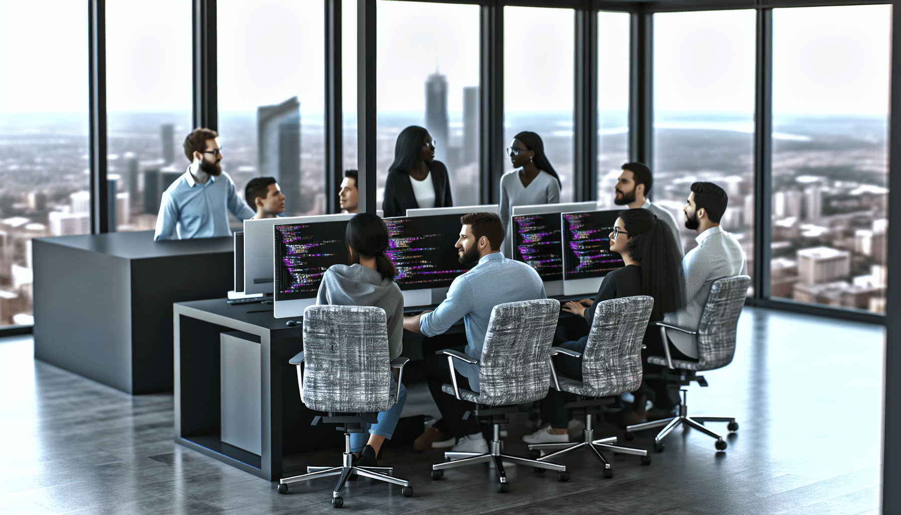 A group of engineers working together in a modern office with computers displaying code, showcasing collaboration in tech.