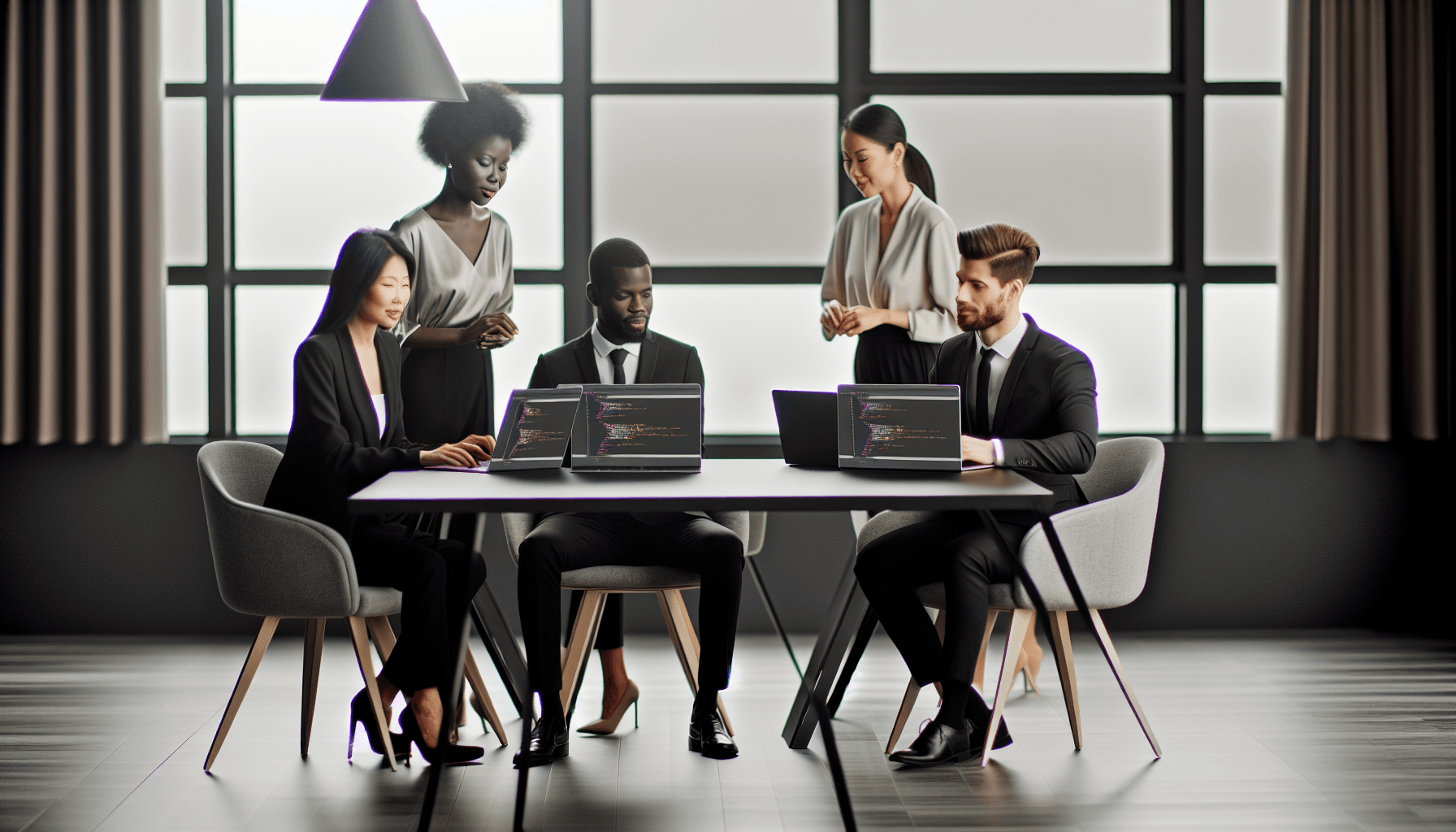 A group of professionals working together around a table with laptops showing web development code.