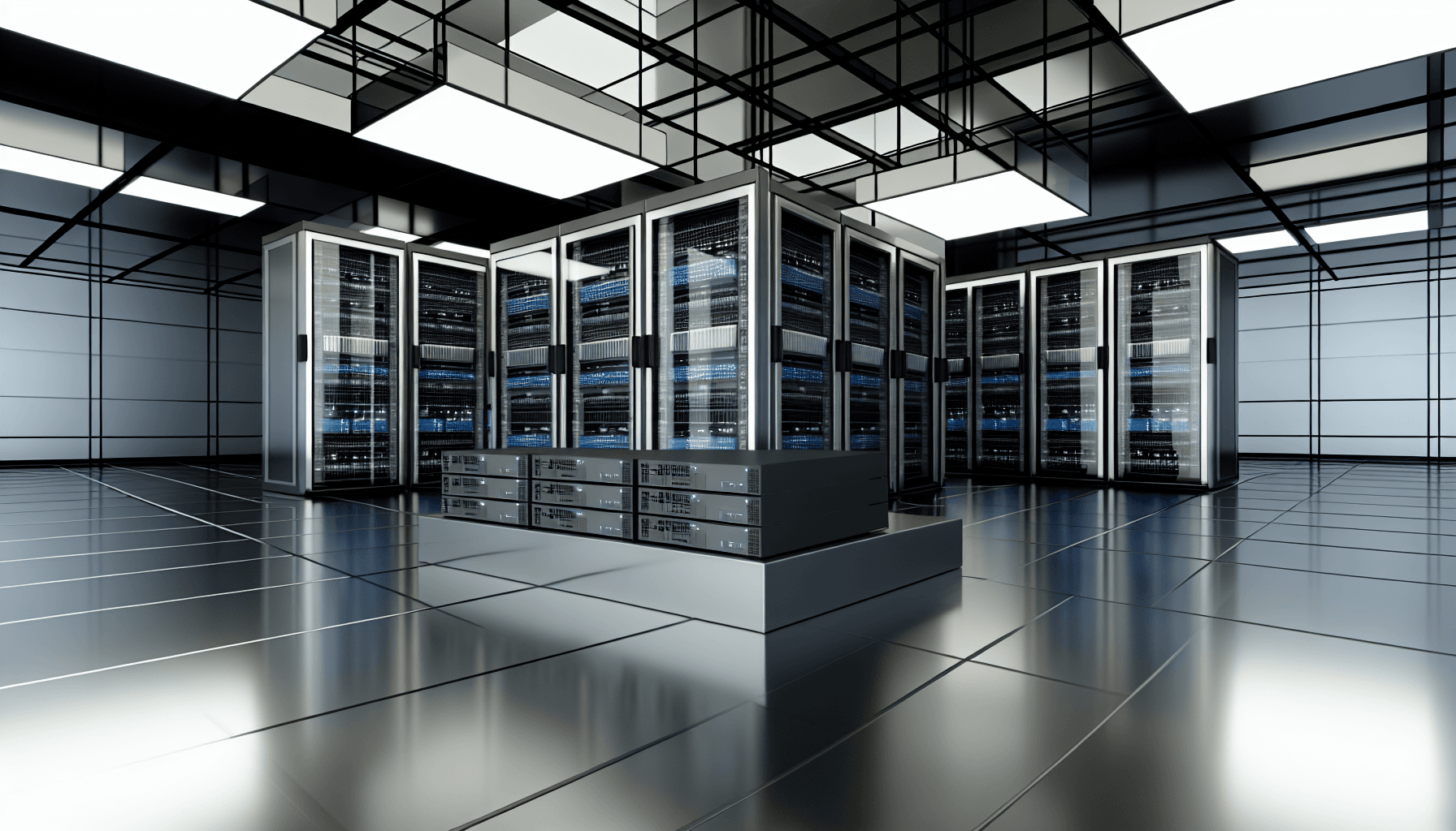 A high-tech workspace featuring cloud-native infrastructure with servers and network equipment.