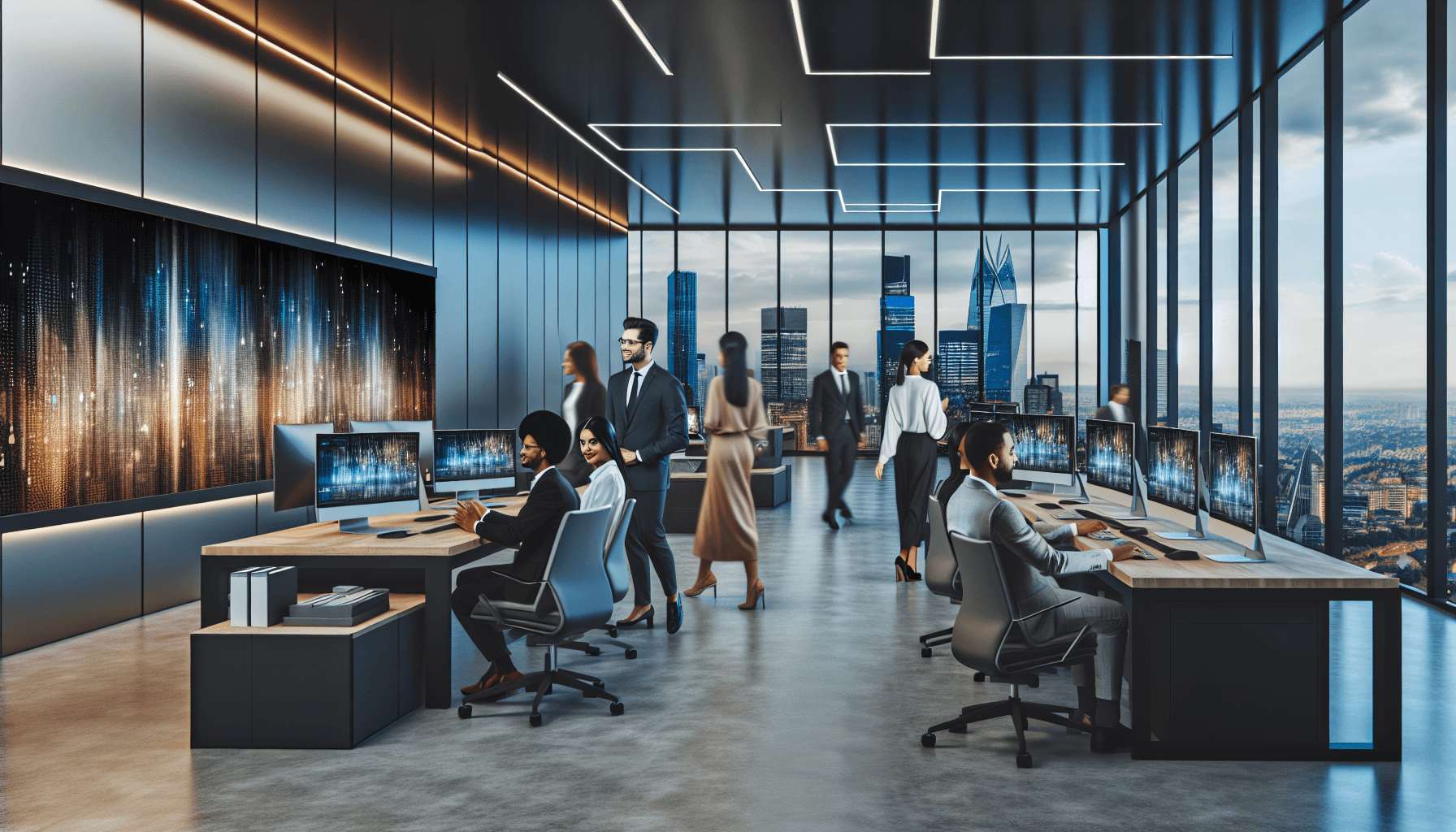 A modern European tech office with diverse IT professionals collaborating in a sleek, minimalistic environment.