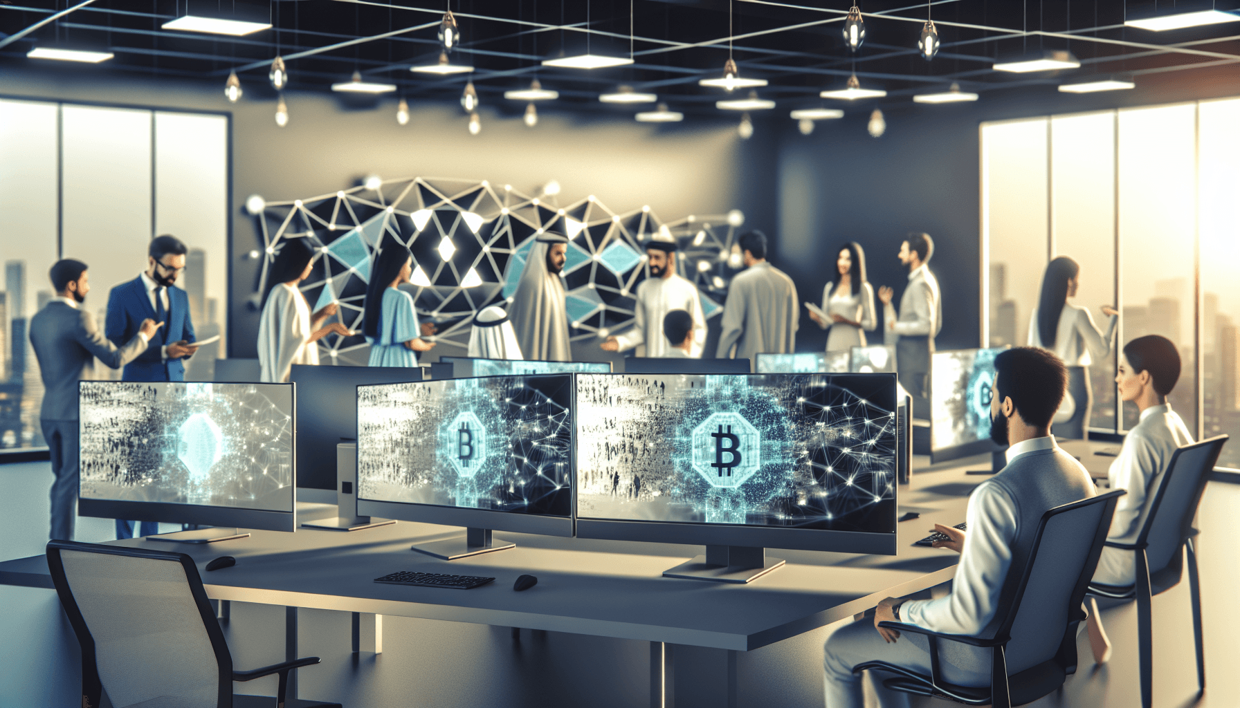 A modern office with diverse professionals working on blockchain technology, featuring digital screens showing abstract representations of smart contracts.