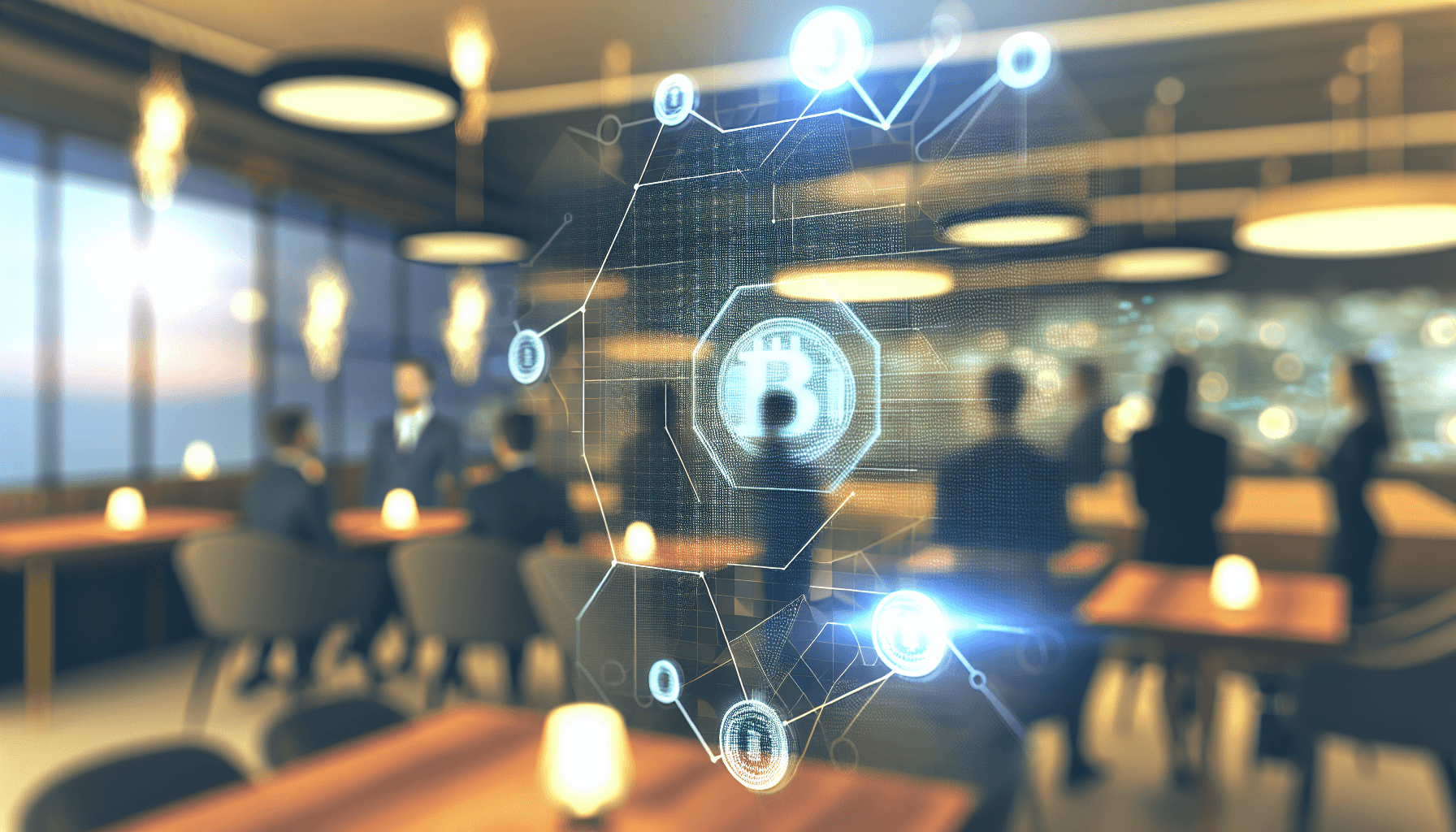 A sophisticated workspace showing a computer screen with a blockchain network interface, with professionals collaborating in the background.