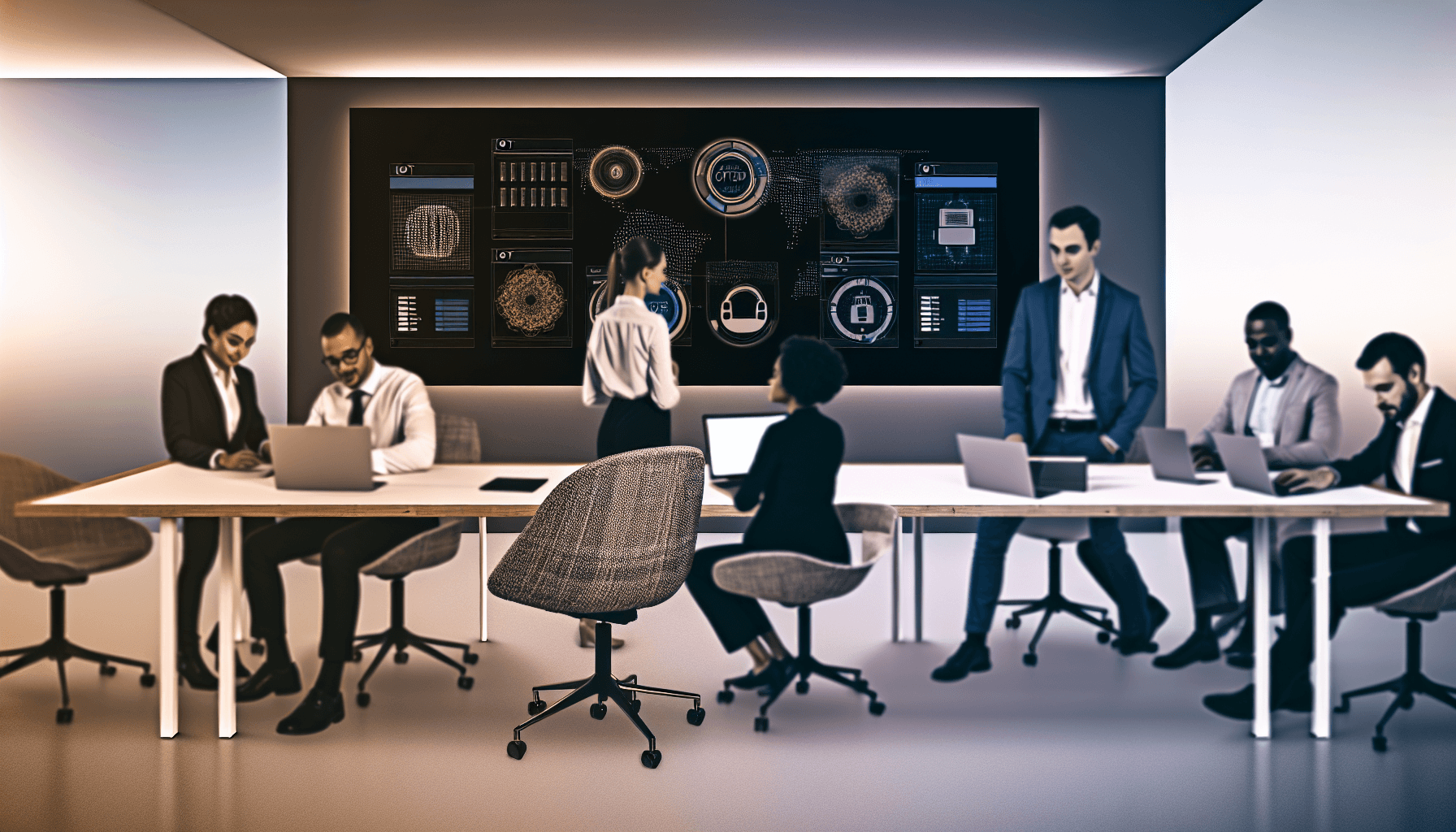 A team of engineers working on IoT devices in a modern office with digital screens and minimalist design.