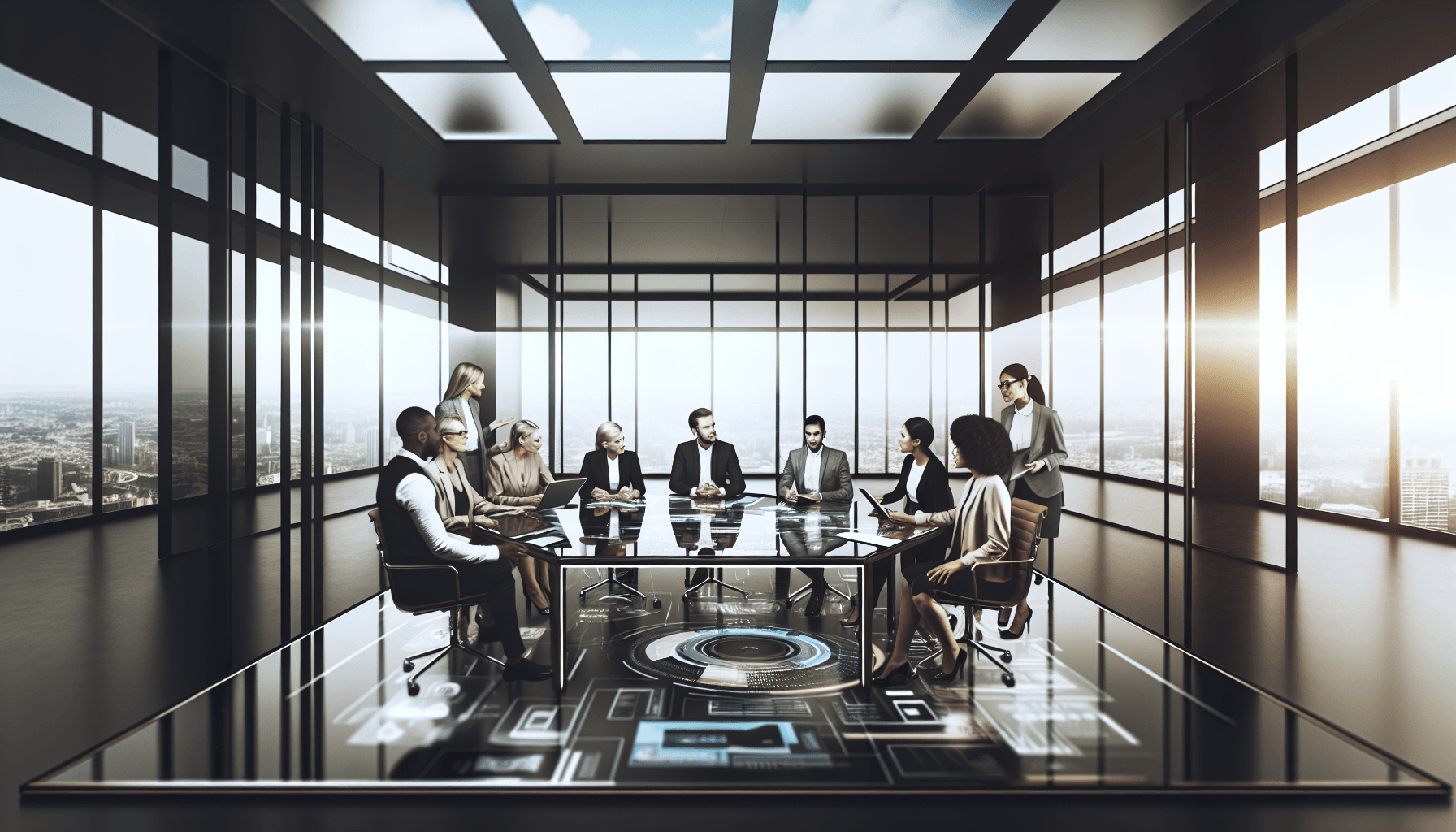 Diverse professionals collaborating in a modern office with advanced technology and a cityscape view.