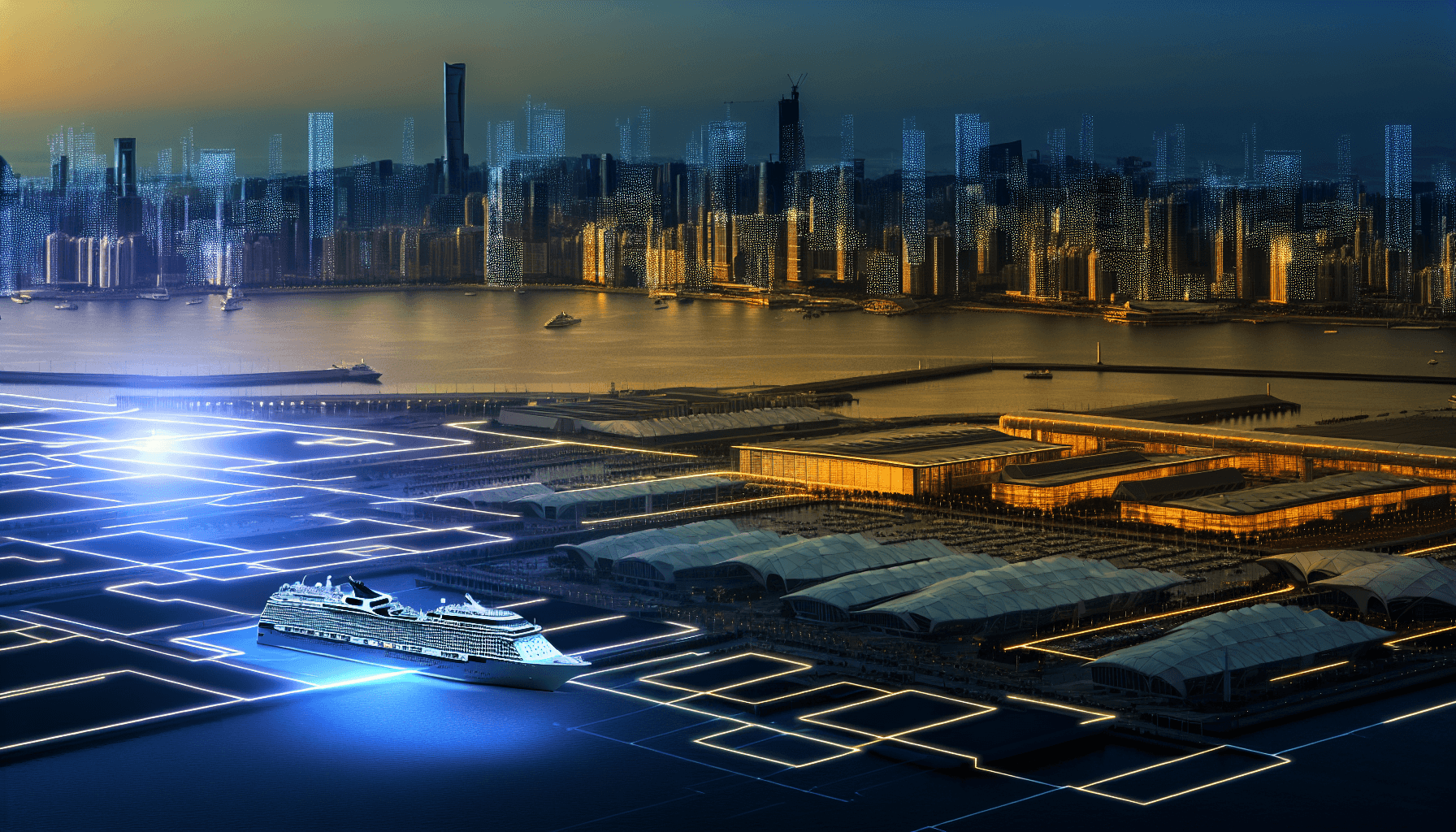 Futuristic cityscape at dusk with modern architecture and digital billboards displaying abstract patterns.