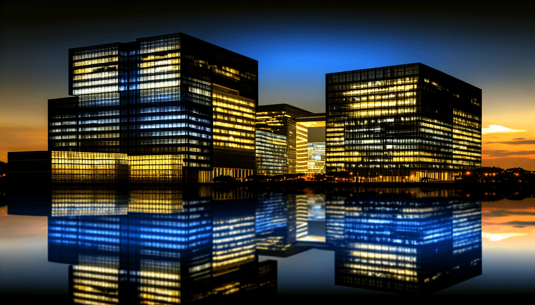 Modern cityscape at dusk with illuminated office buildings.