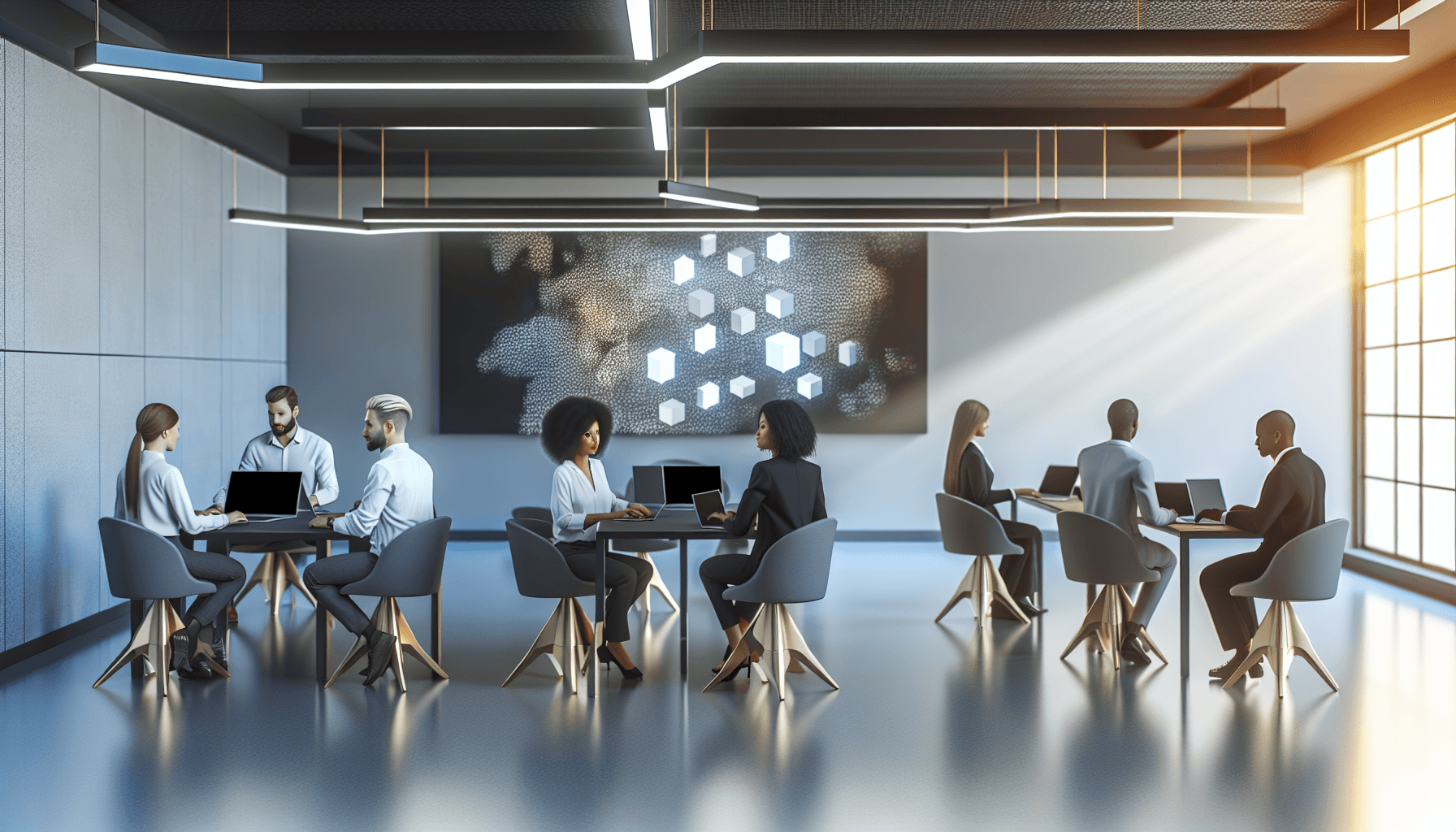 Professionals collaborating in a modern office with digital screens displaying abstract tech symbols.