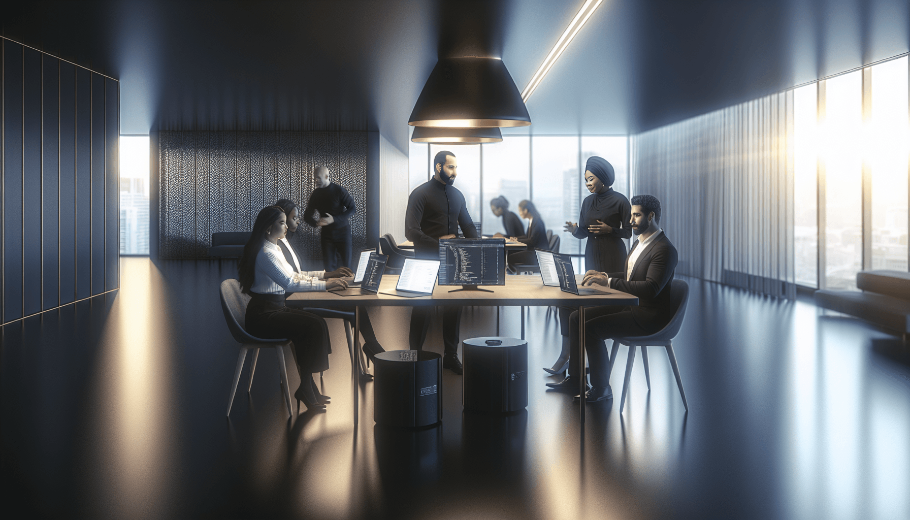 Professionals collaborating in a modern tech office with laptops showing Kubernetes and GitOps interfaces.