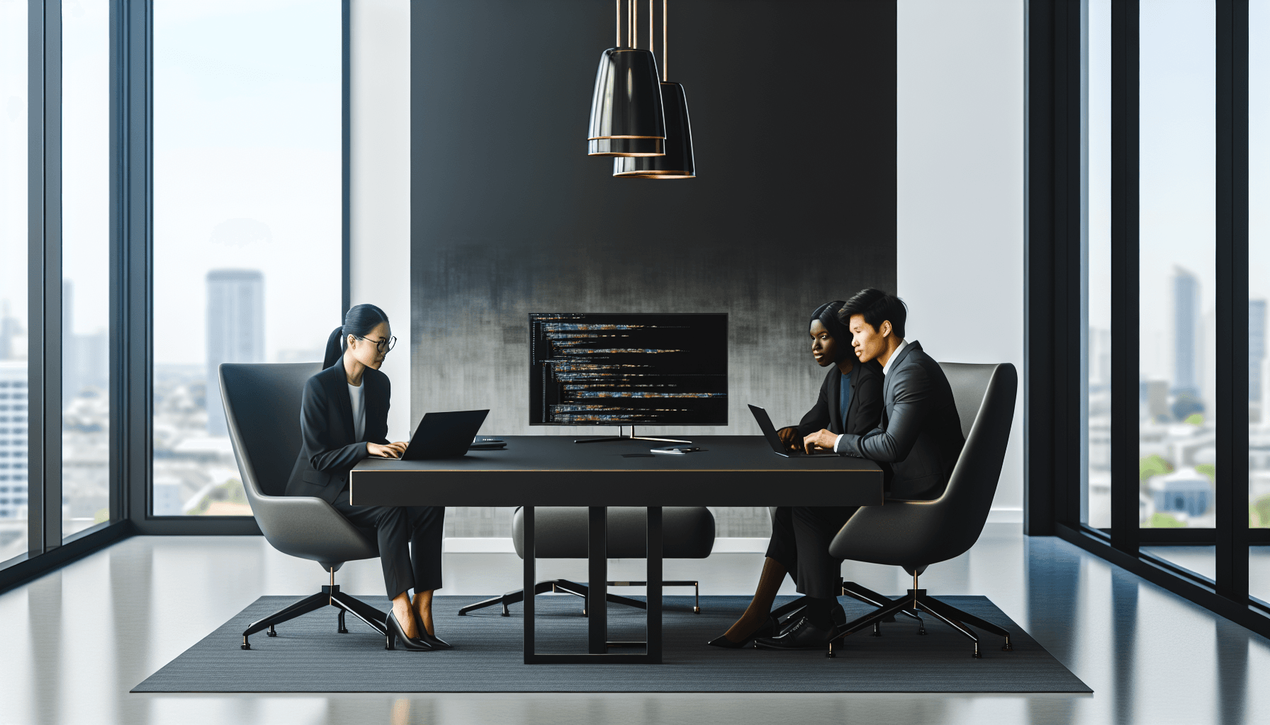 Three software engineers collaborating in a modern office setting, focusing on a laptop with code, representing advanced GraphQL API development.