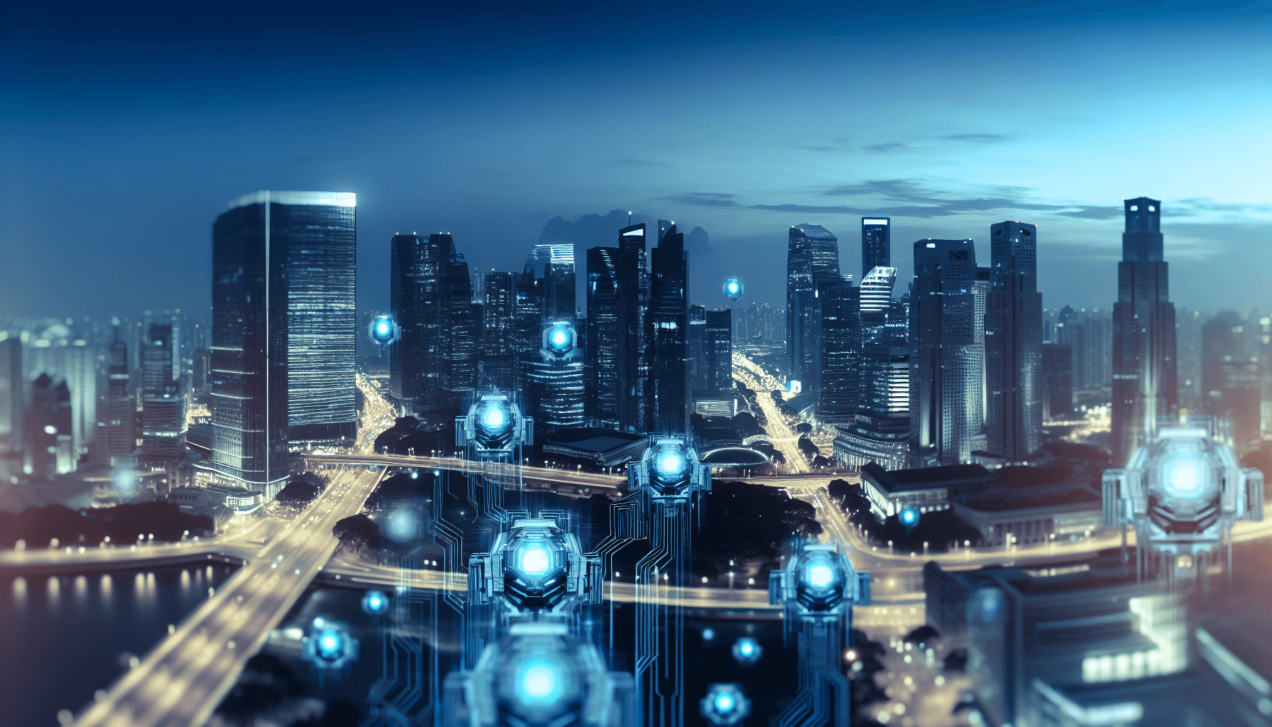 A cityscape at dusk with modern architecture and illuminated tech hubs.
