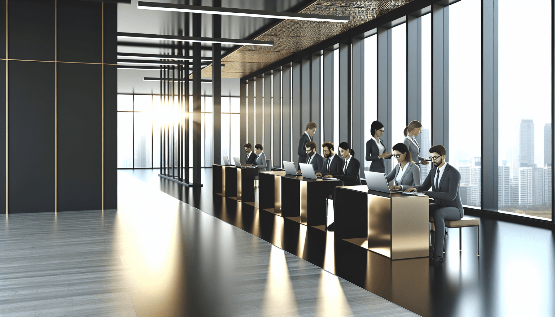 A diverse group of professionals working collaboratively in a modern office with laptops and tablets.