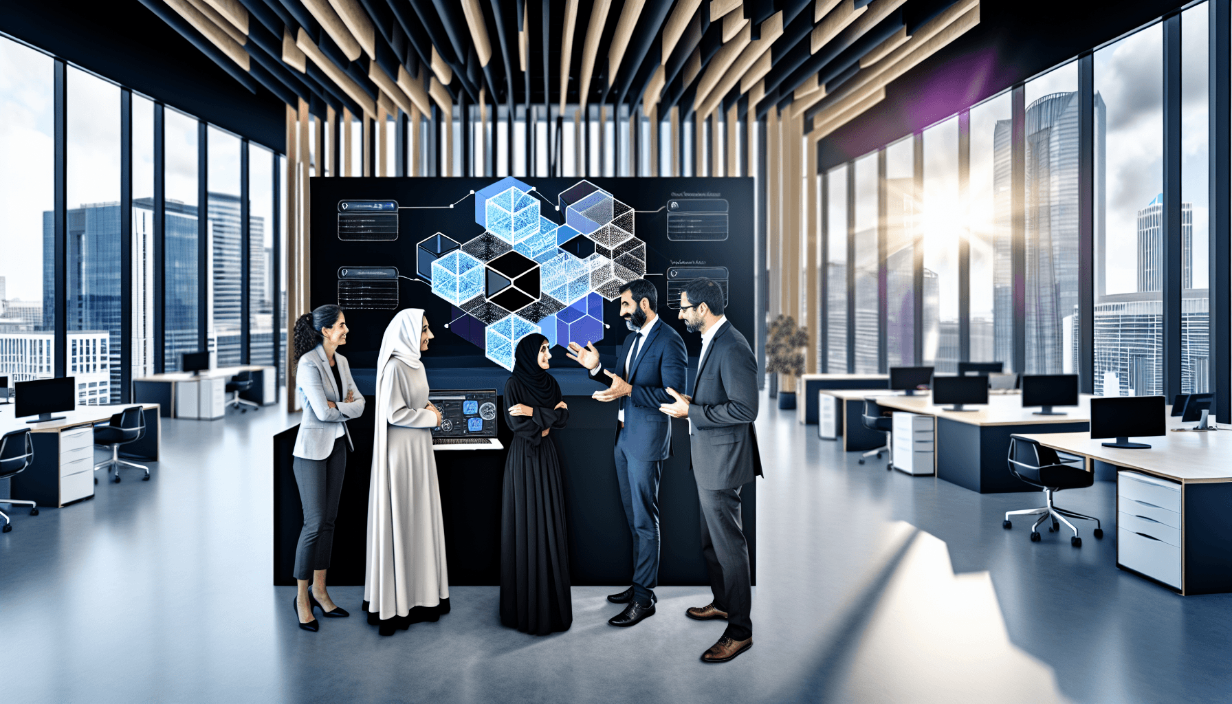 A diverse team of IT professionals discussing Kubernetes resource management in a modern office with a digital screen displaying abstract shapes.