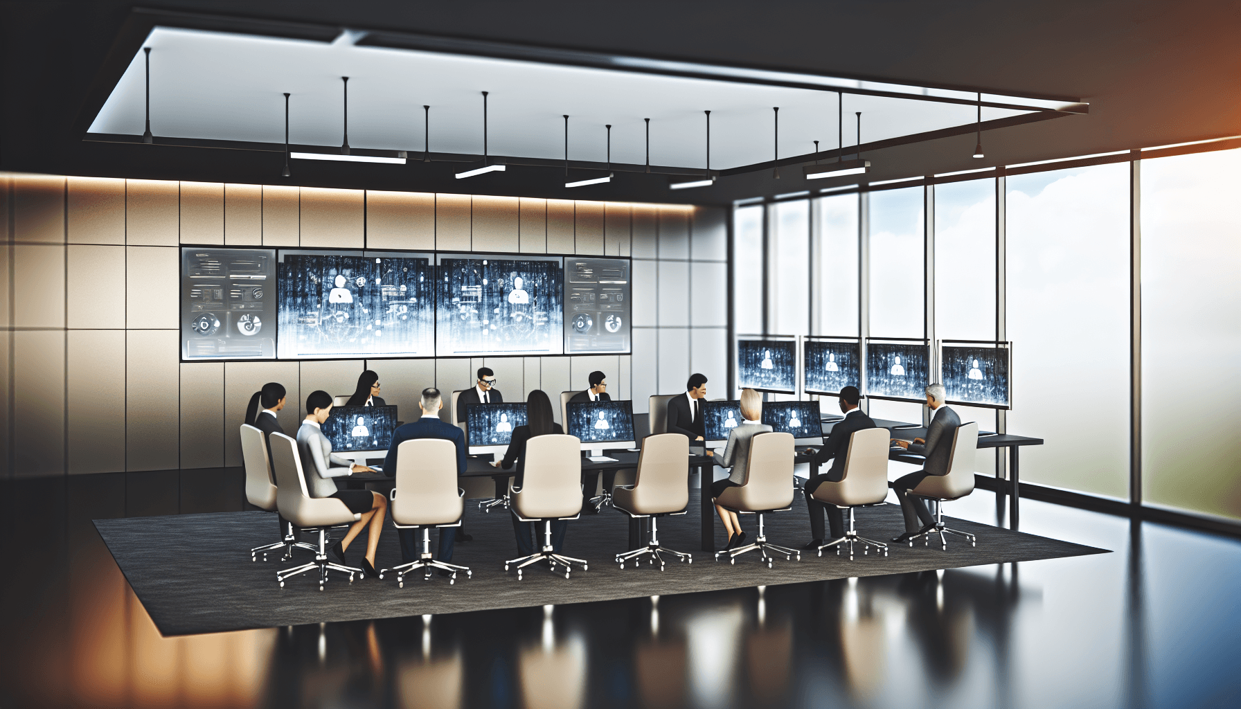 A diverse team of cybersecurity professionals in a modern office, engaged in a strategic meeting with digital security visuals on screens.