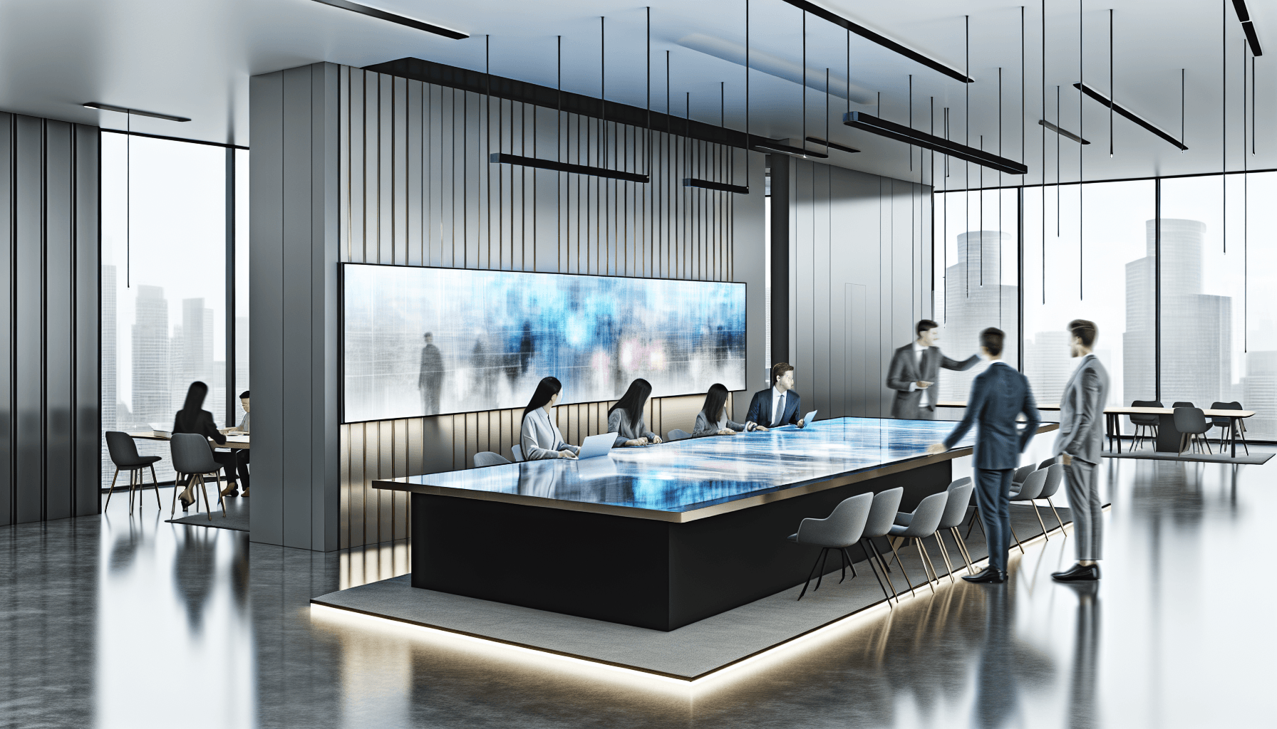 A diverse team of professionals working on a digital touchscreen table in a modern office with a cityscape view.