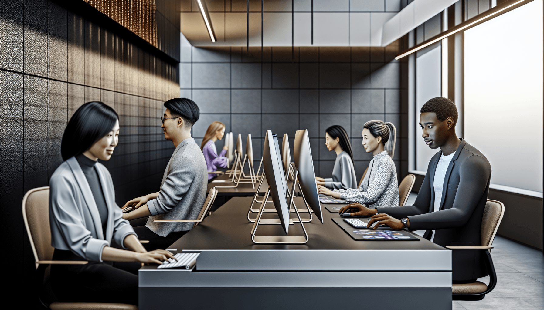 A diverse team working collaboratively in a modern office with AI-enhanced software on their screens.