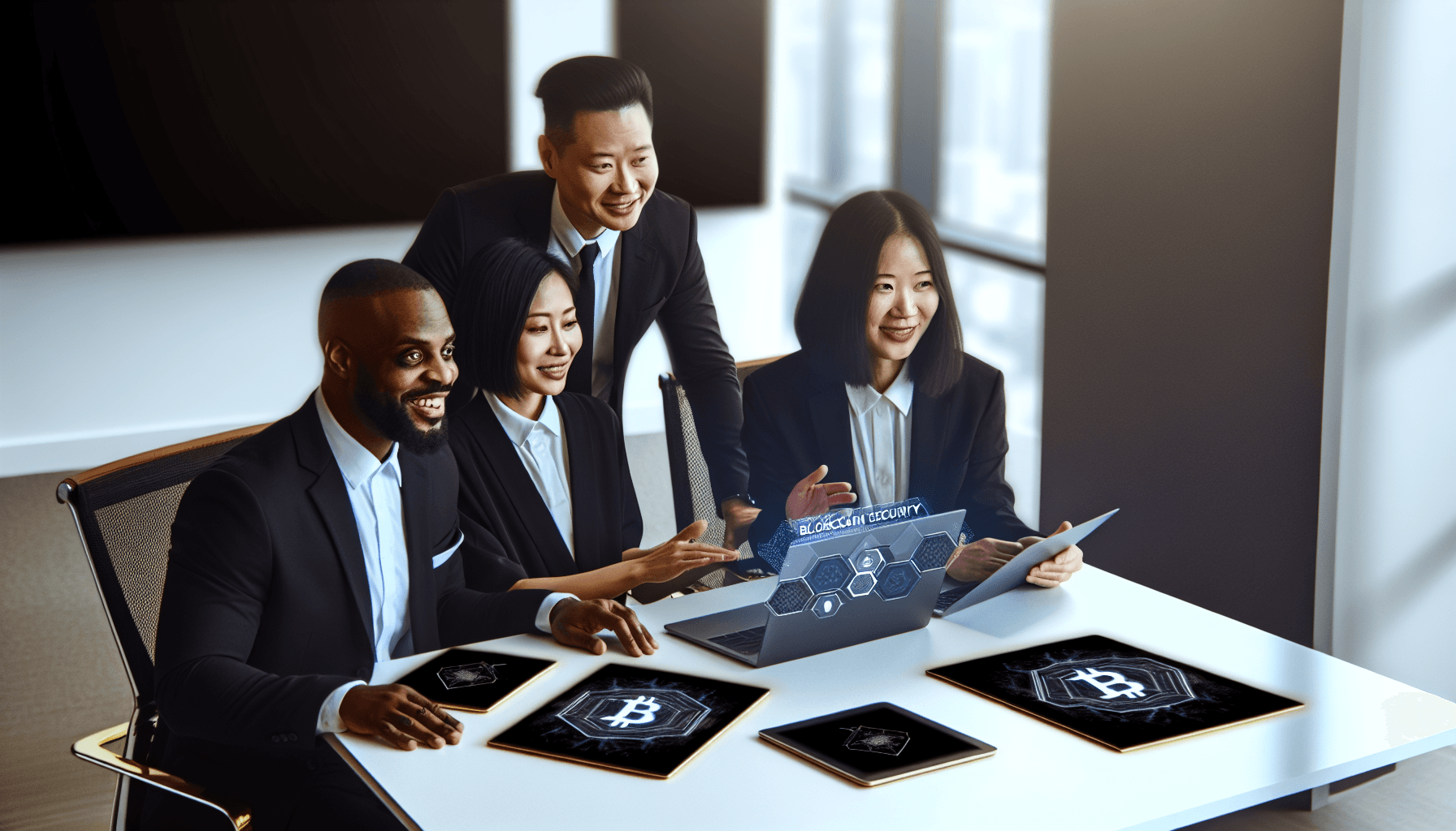 A group of diverse professionals in a modern office working on blockchain security, with laptops and digital devices on a conference table.