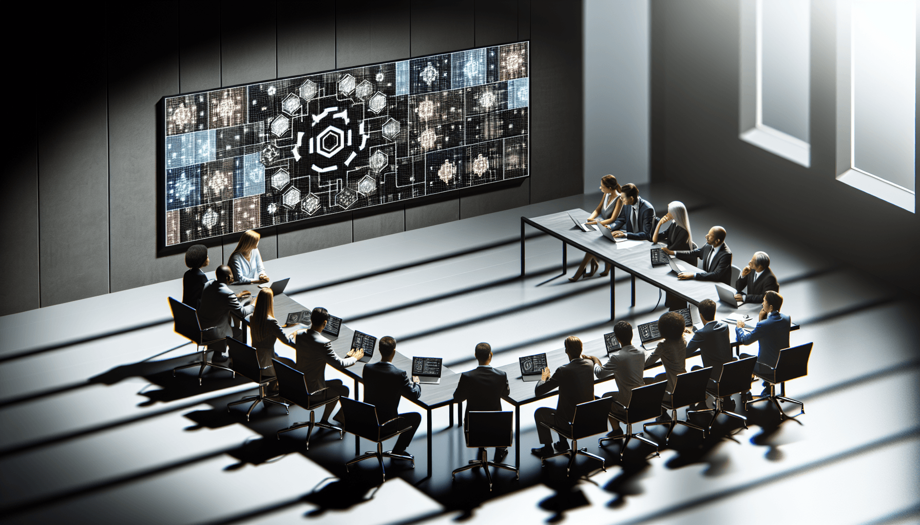 A modern office scene with professionals collaborating around a digital whiteboard showing abstract data patterns.
