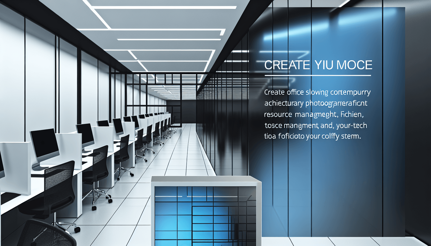 A modern office space with sleek design and high-tech equipment, emphasizing efficient resource management.