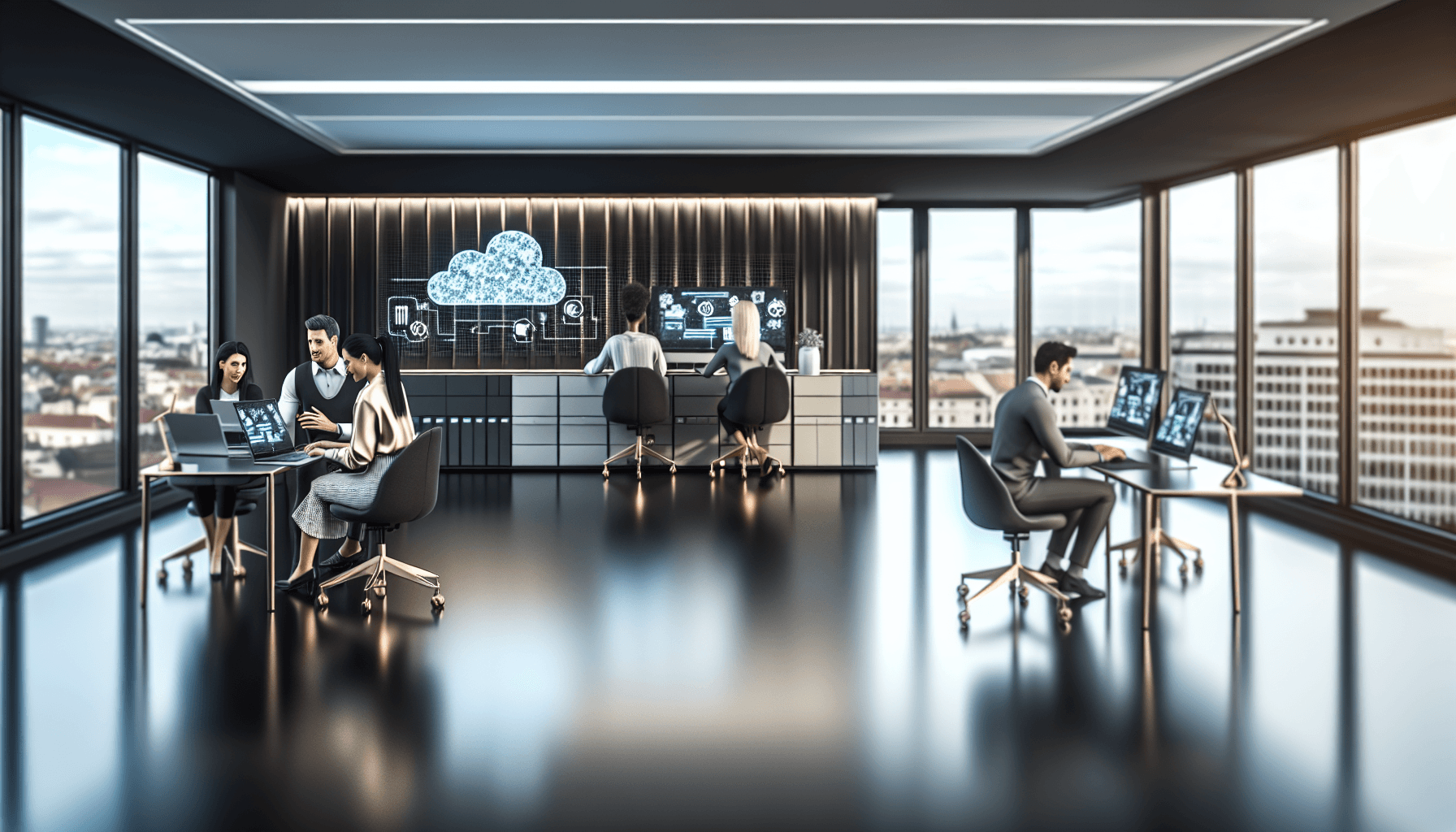 A modern office where diverse professionals collaborate on cloud infrastructure projects with a view of a European cityscape.