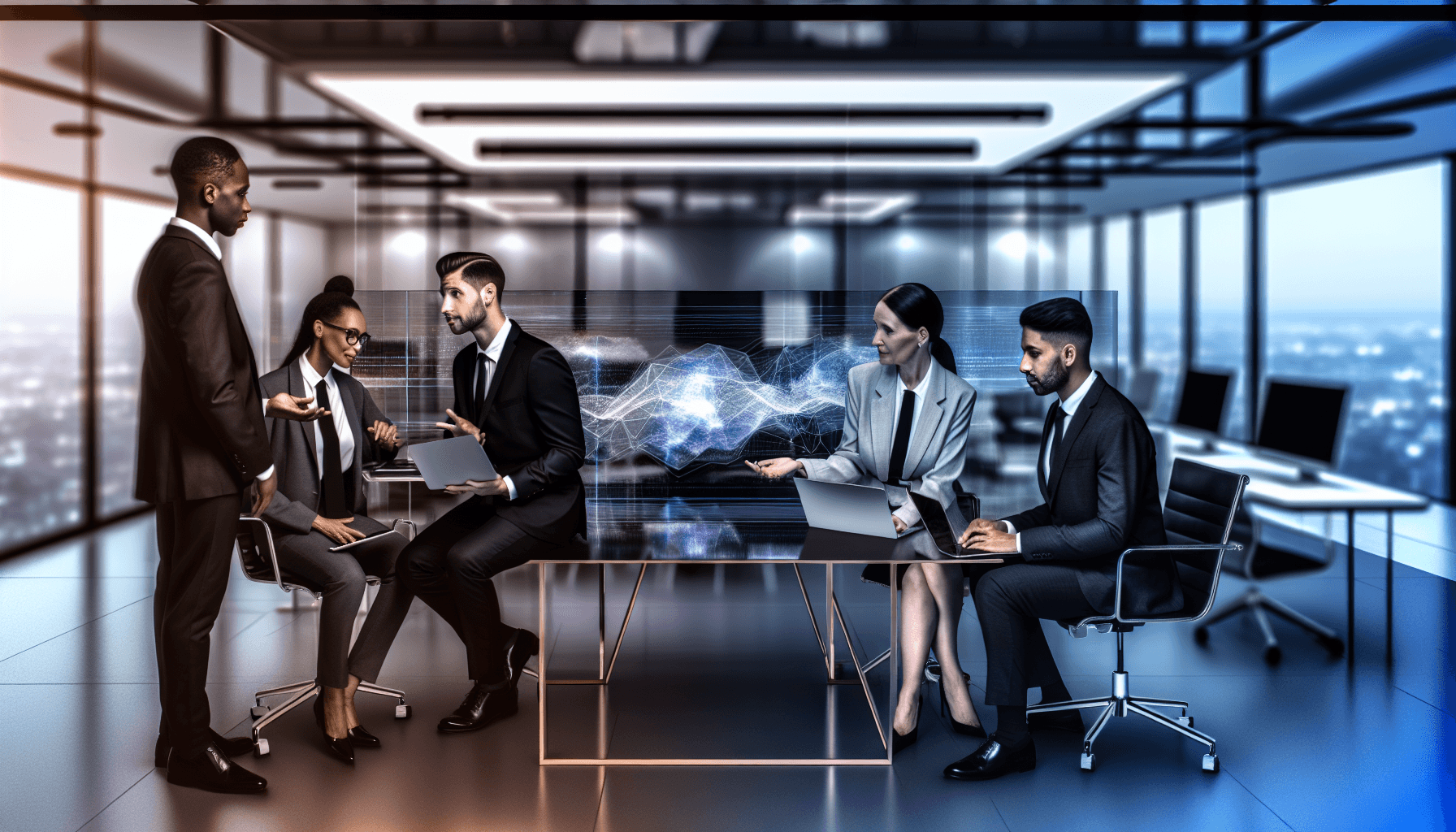 A team of diverse professionals collaborating in a modern tech office, focusing on a digital display with abstract data flow.