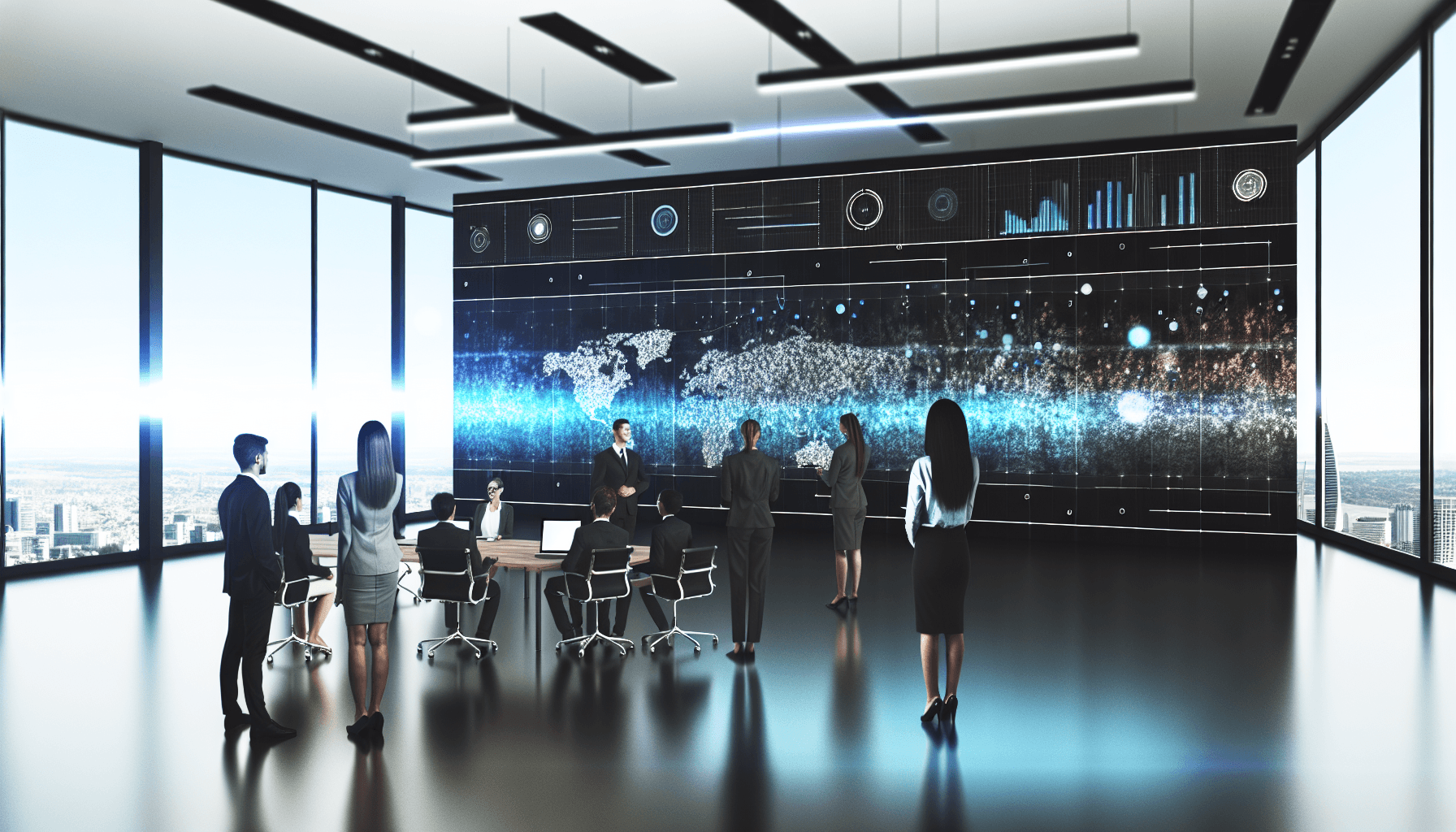A team of professionals in a modern office working around a digital screen displaying abstract data.