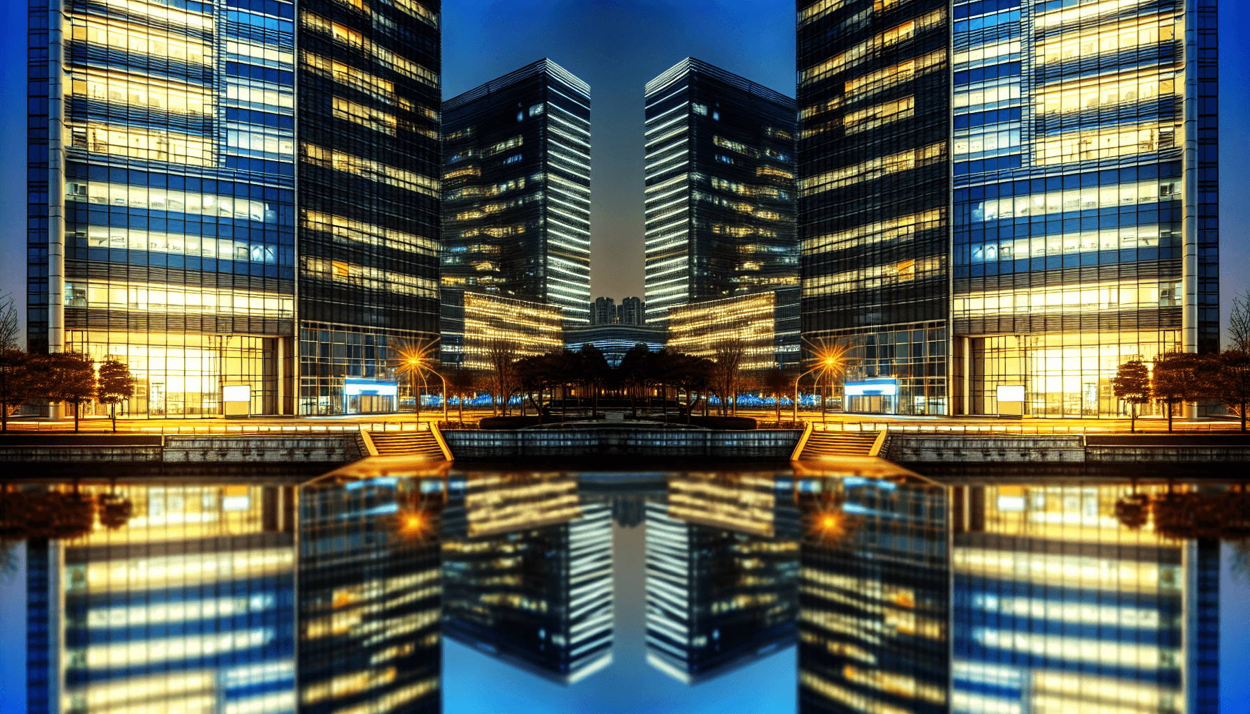 Cityscape at dusk with illuminated skyscrapers and reflections in water.
