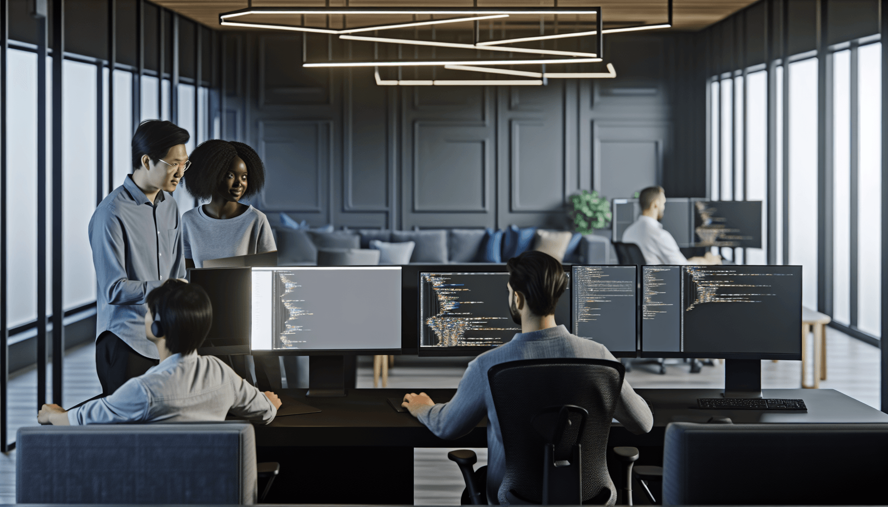 Diverse group of software developers collaborating at modern workstations in a high-tech office setting.