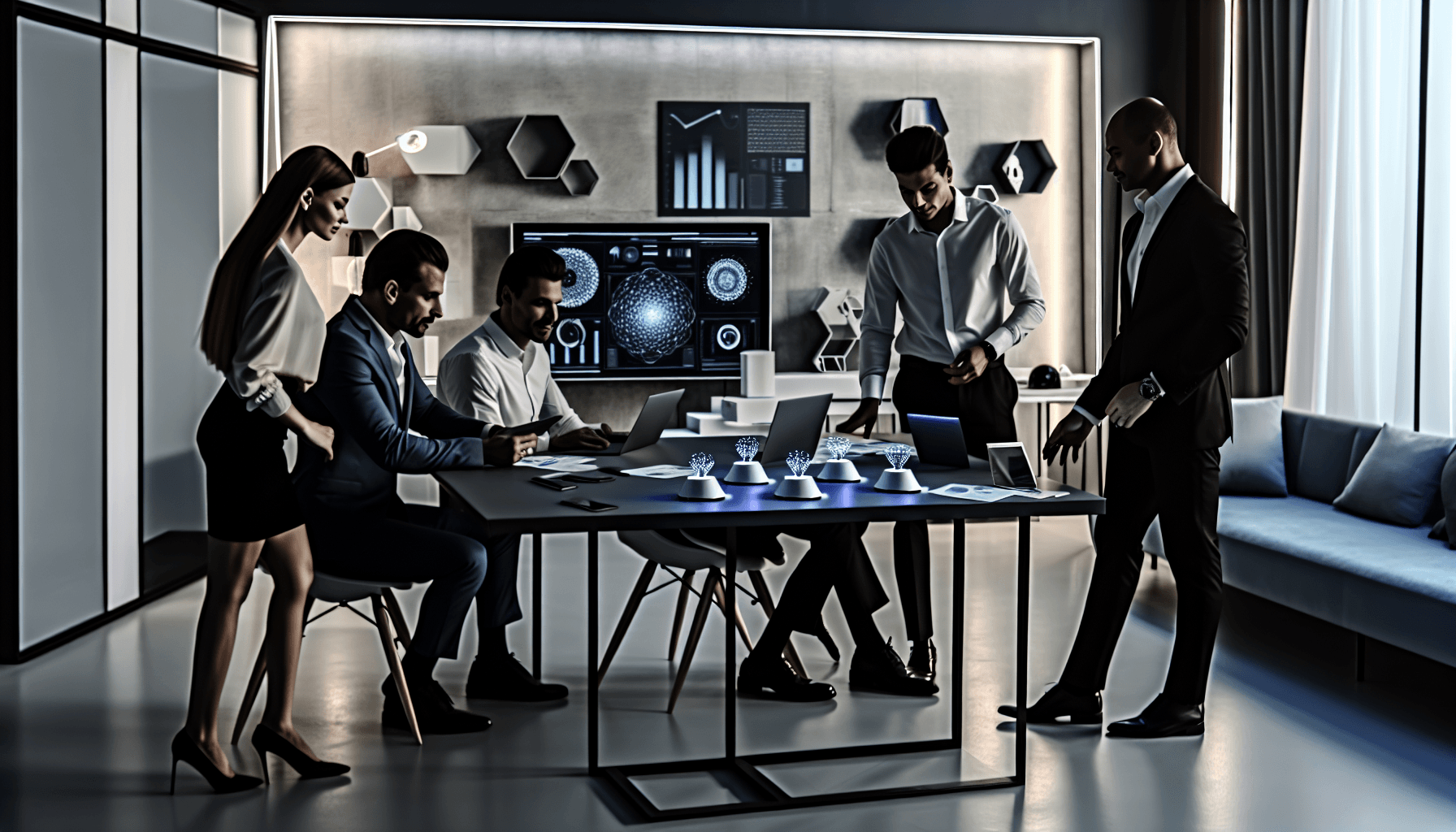 Engineers collaborating in a modern office with IoT devices and laptops.