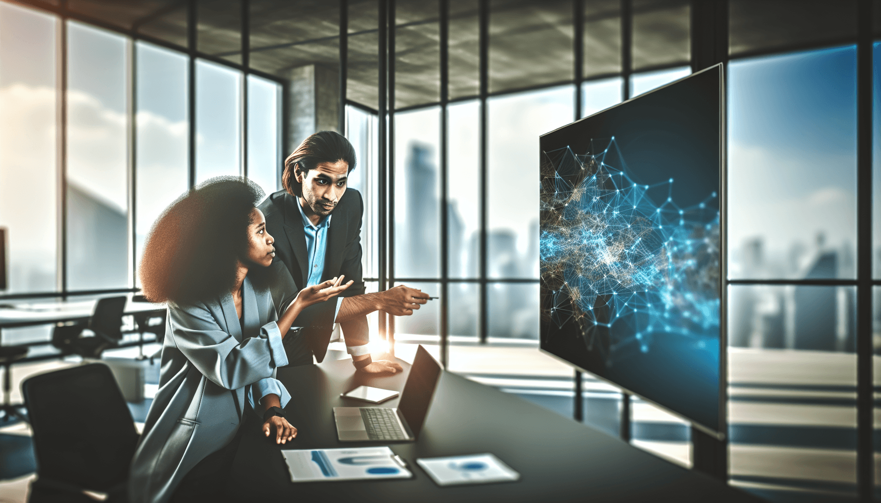Engineers collaborating in a modern office with a digital screen showing network patterns.