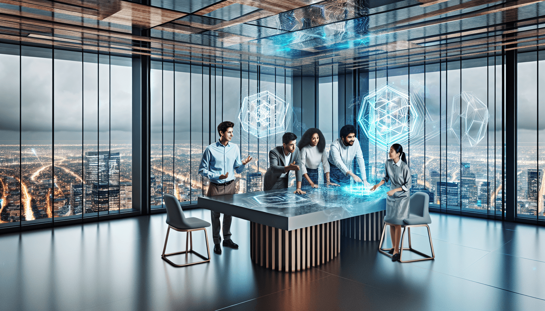 Engineers collaborating in a modern office with holographic quantum circuits displayed.