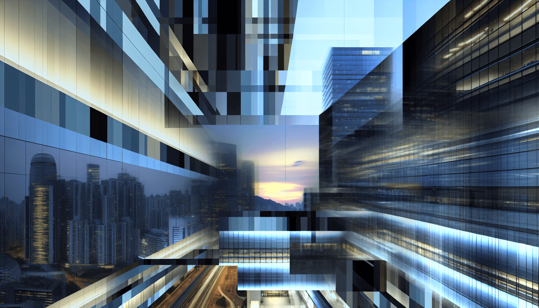 Futuristic cityscape at dusk with modern architecture and glass facades reflecting technological advancement.