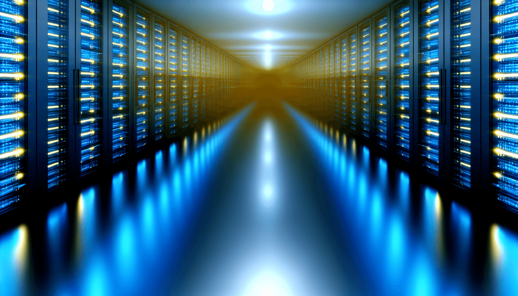 Futuristic server room with illuminated server racks, showcasing advanced technology.