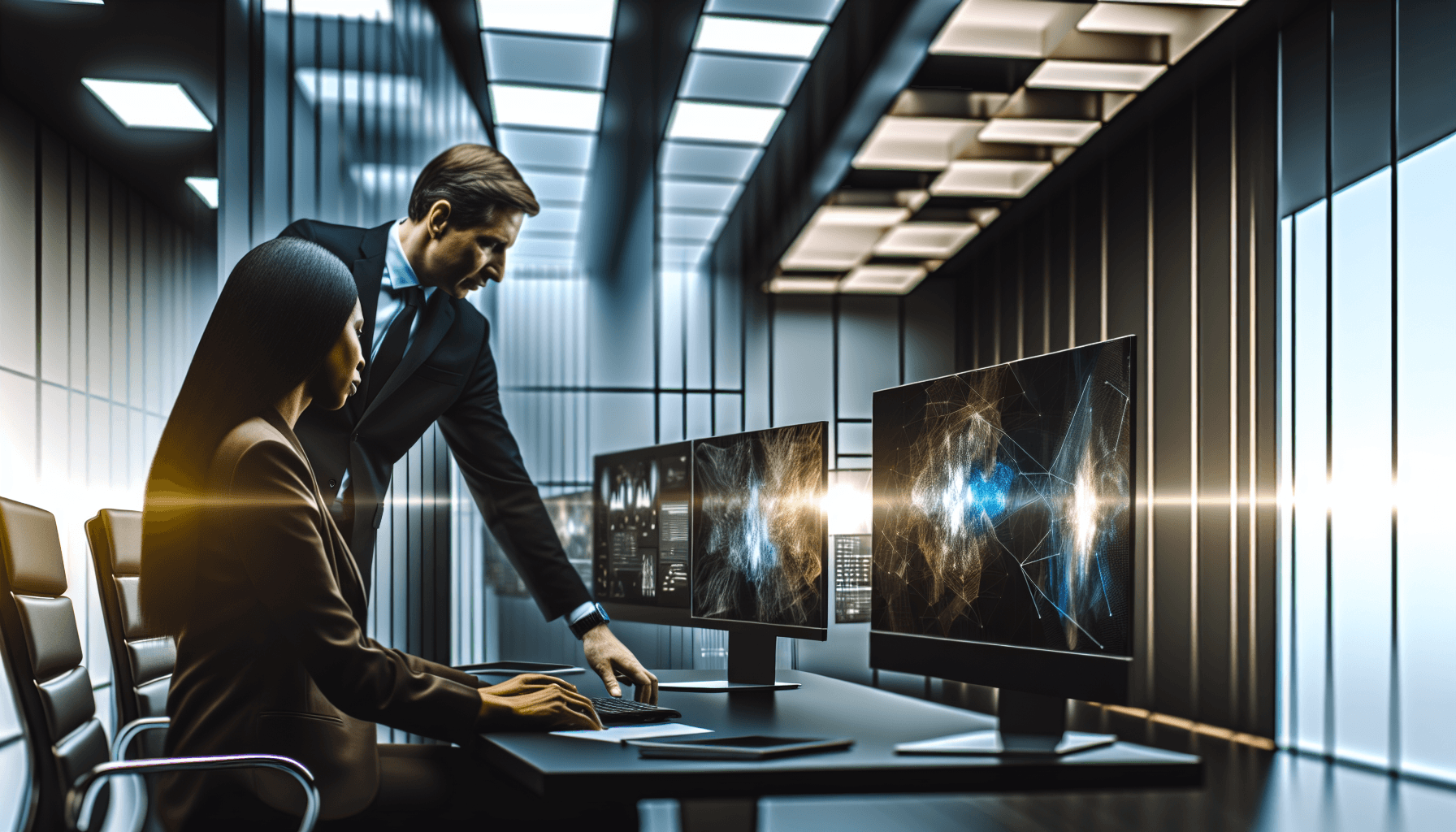 Two professionals analyzing data on computer screens in a modern office setting.