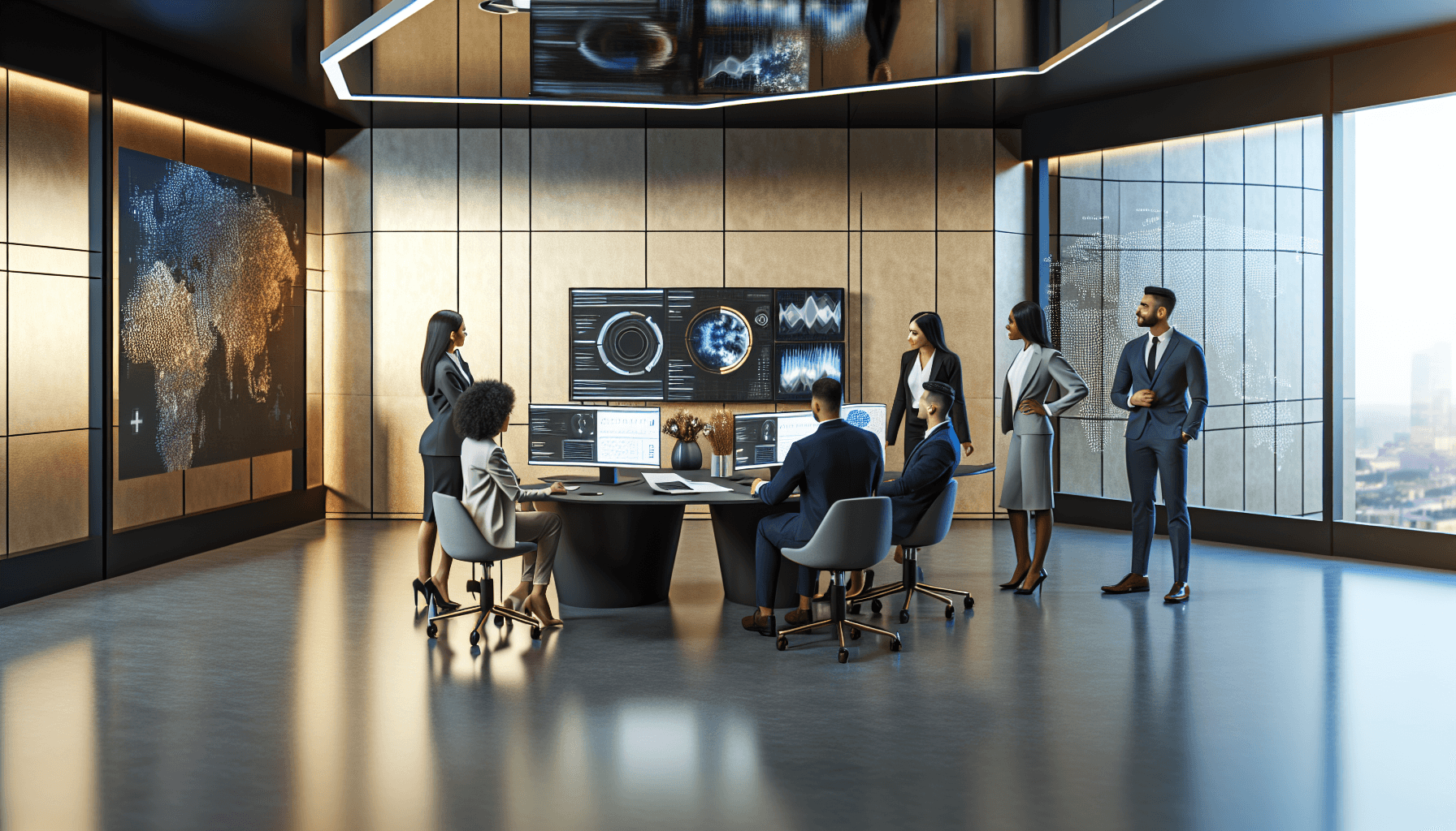 A modern office setting with a team of professionals working on AI/ML projects, surrounded by advanced technology and large screens.
