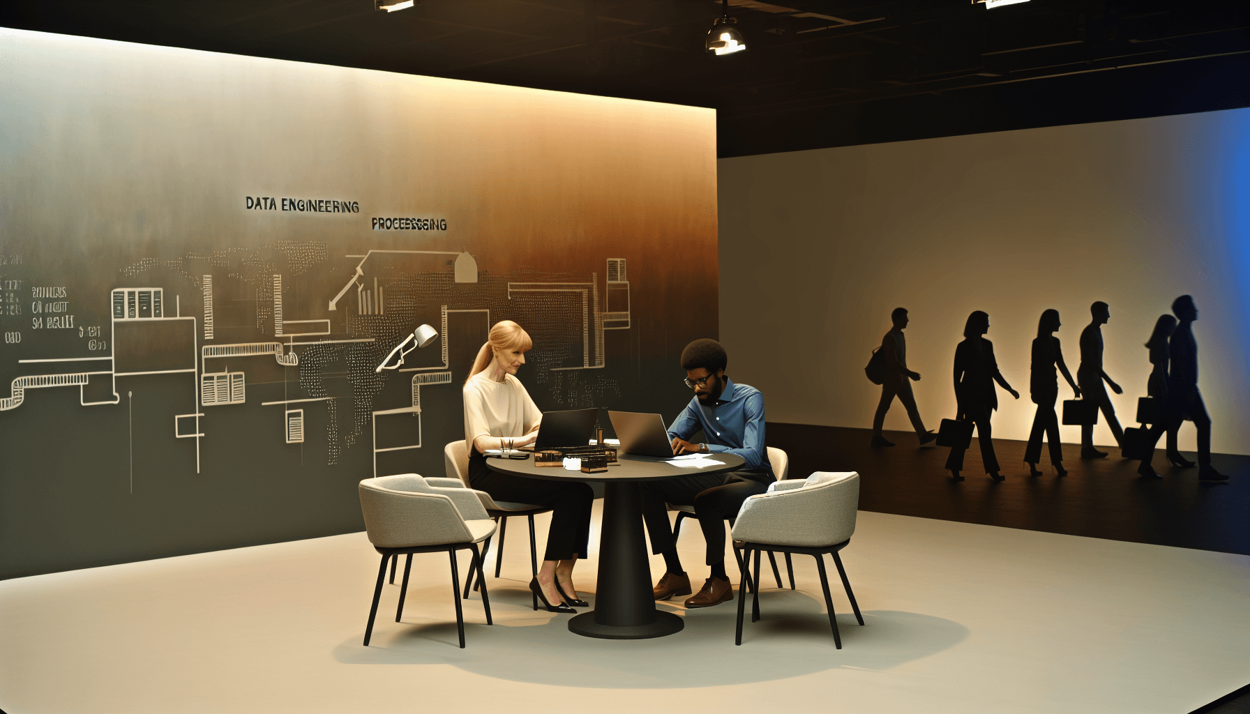 A modern tech office with professionals collaborating around a table with laptops.
