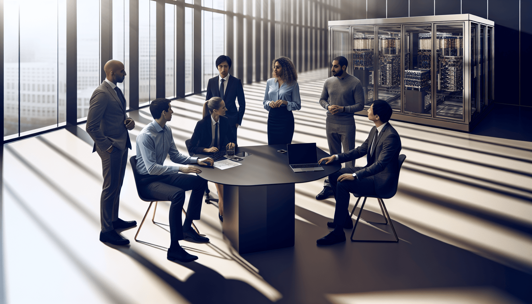 A team of professionals collaborating in a modern office with quantum computing hardware visible.