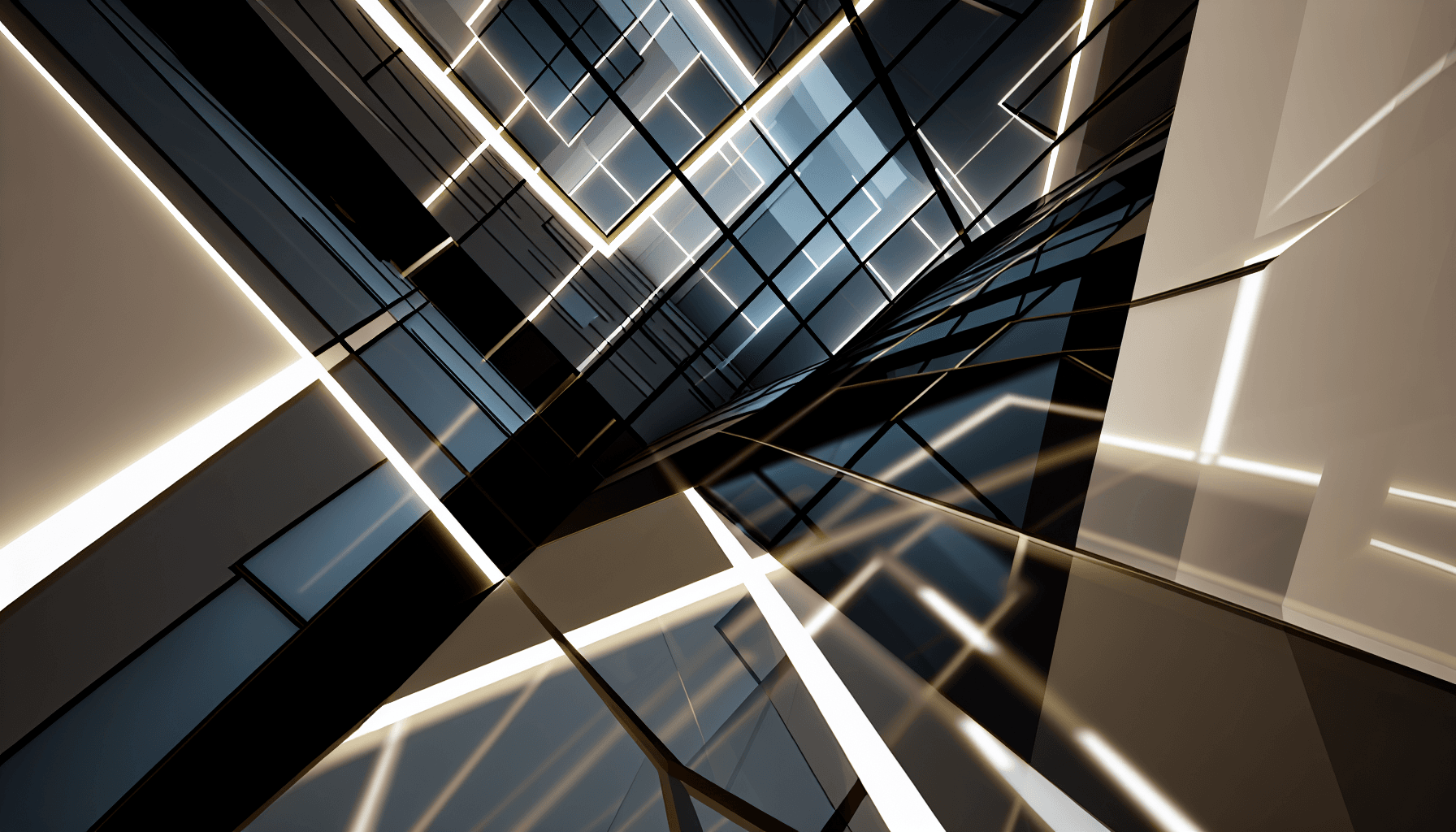 Abstract architectural design symbolizing data flow with geometric shapes and light patterns.