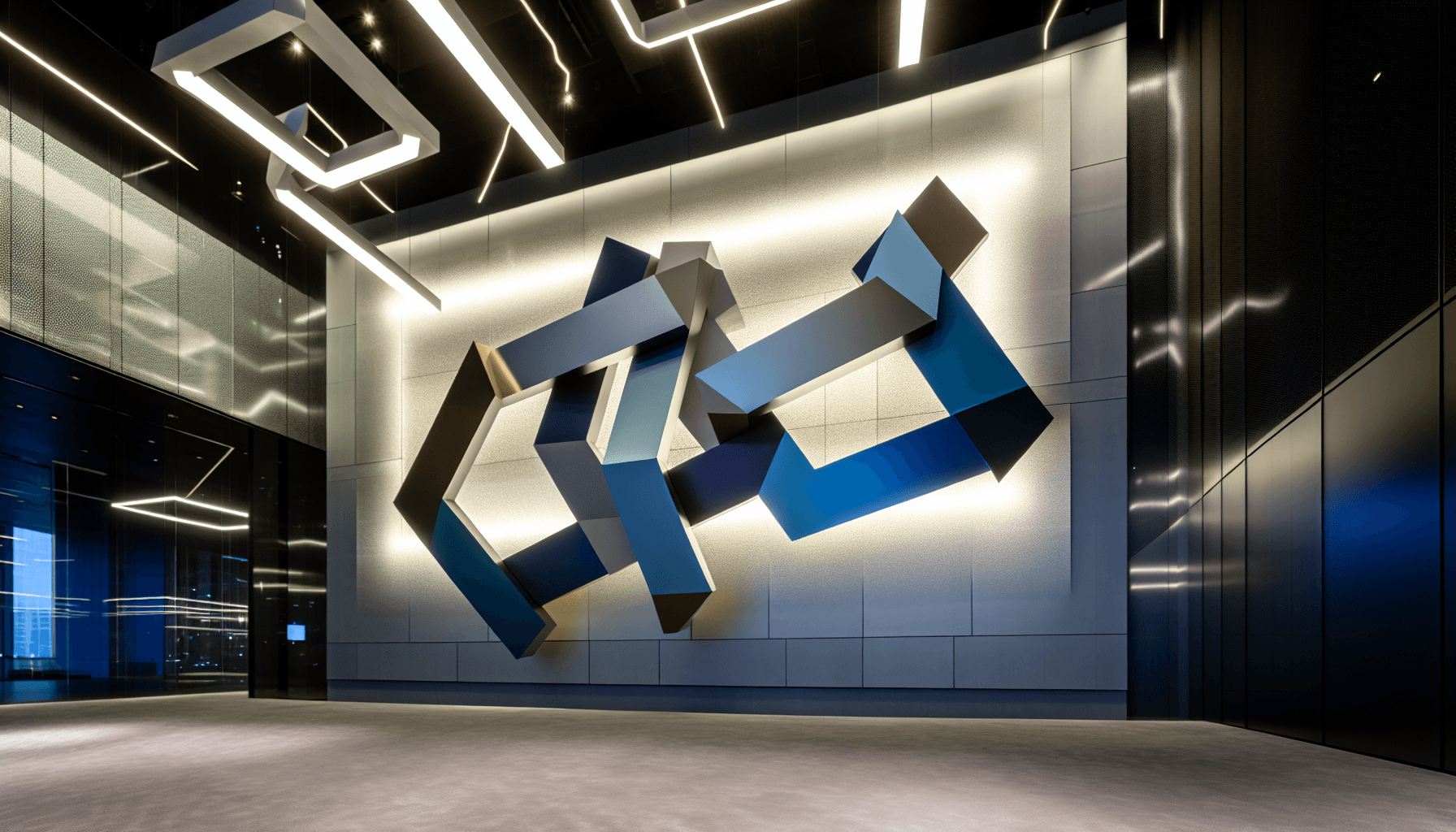 Abstract geometric installation in a tech company's lobby with a minimalist aesthetic.